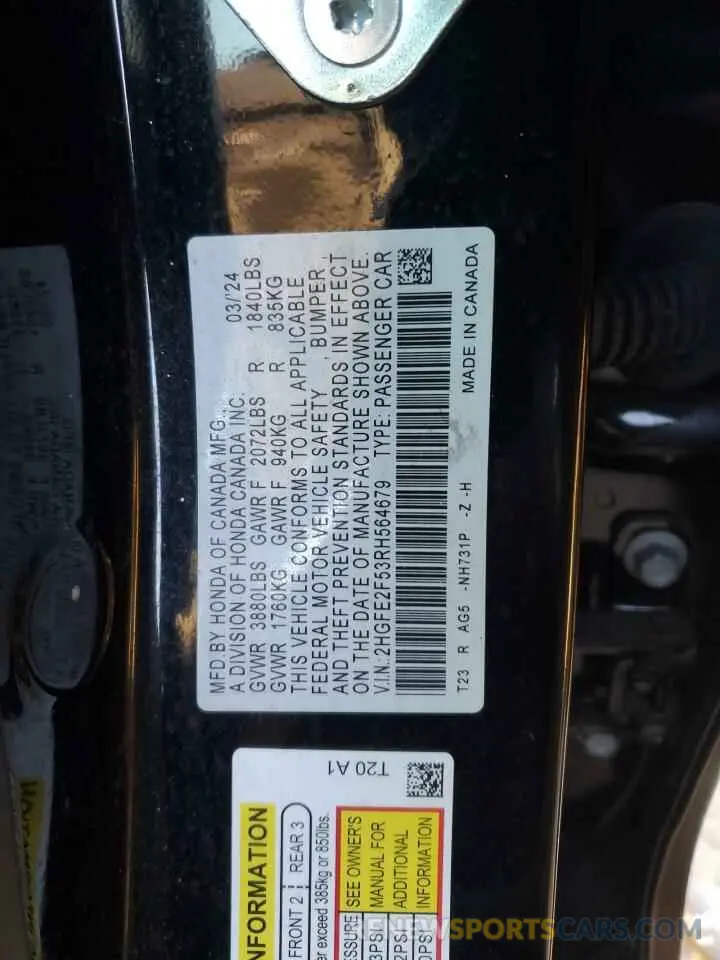 12 Photograph of a damaged car 2HGFE2F53RH564679 HONDA CIVIC 2024