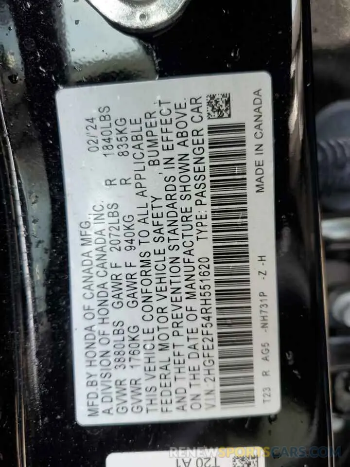 12 Photograph of a damaged car 2HGFE2F54RH551620 HONDA CIVIC 2024