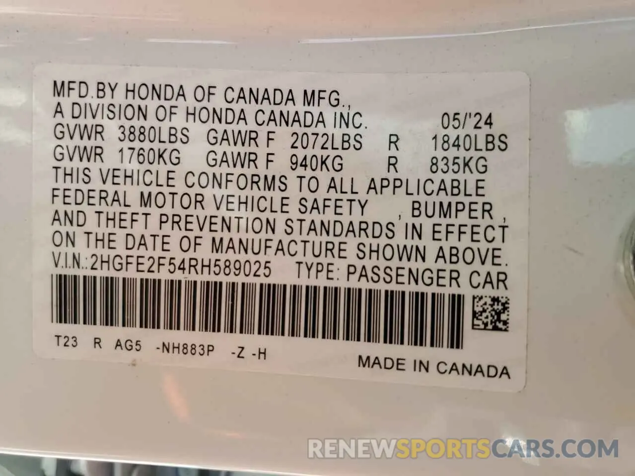 12 Photograph of a damaged car 2HGFE2F54RH589025 HONDA CIVIC 2024