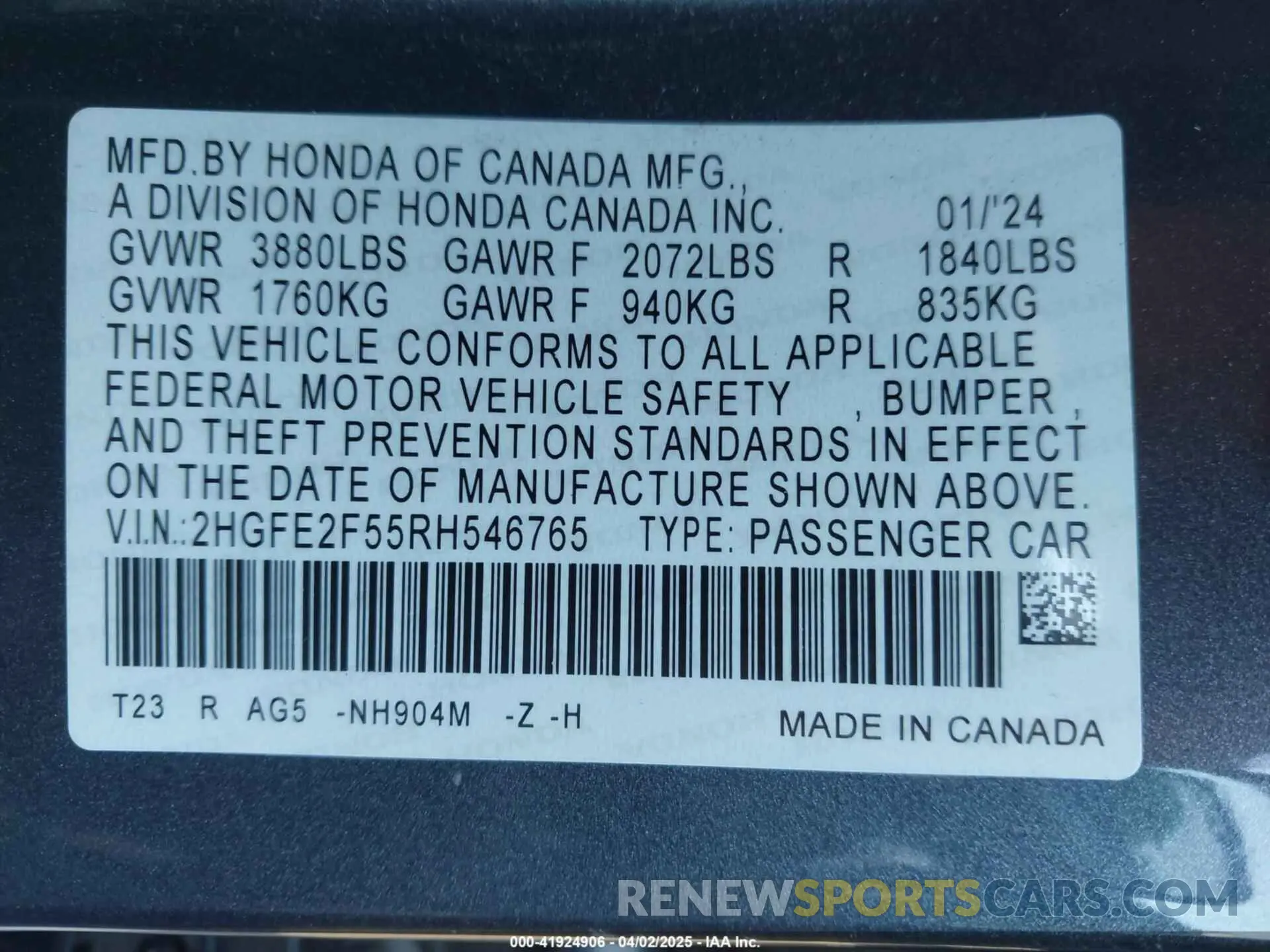 9 Photograph of a damaged car 2HGFE2F55RH546765 HONDA CIVIC 2024