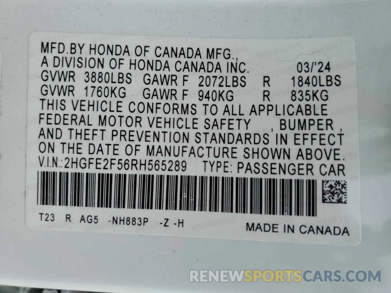 12 Photograph of a damaged car 2HGFE2F56RH565289 HONDA CIVIC 2024