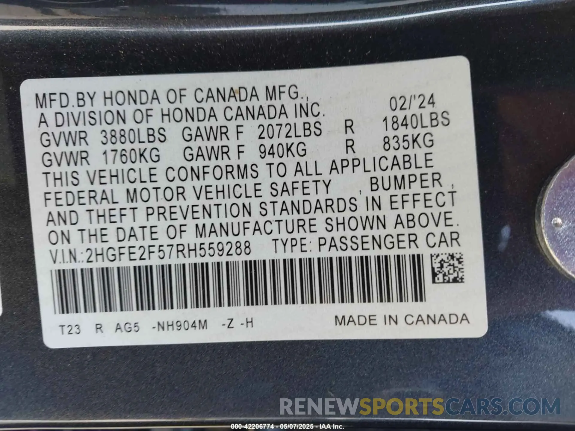 9 Photograph of a damaged car 2HGFE2F57RH559288 HONDA CIVIC 2024