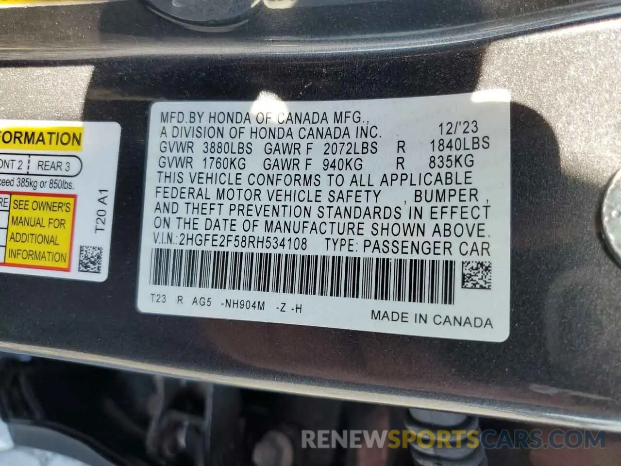 13 Photograph of a damaged car 2HGFE2F58RH534108 HONDA CIVIC 2024
