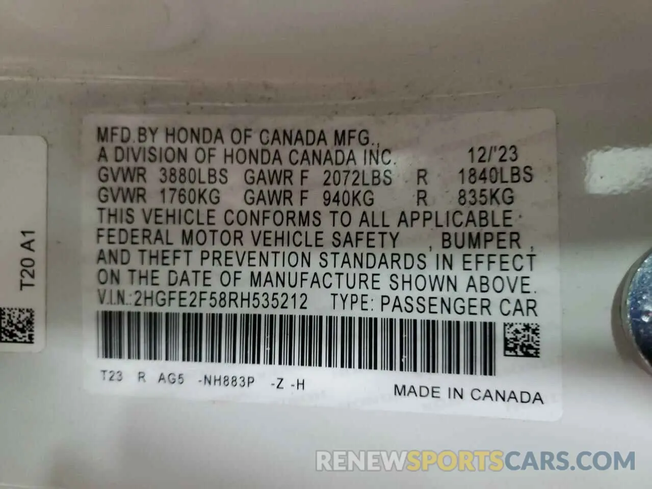 13 Photograph of a damaged car 2HGFE2F58RH535212 HONDA CIVIC 2024