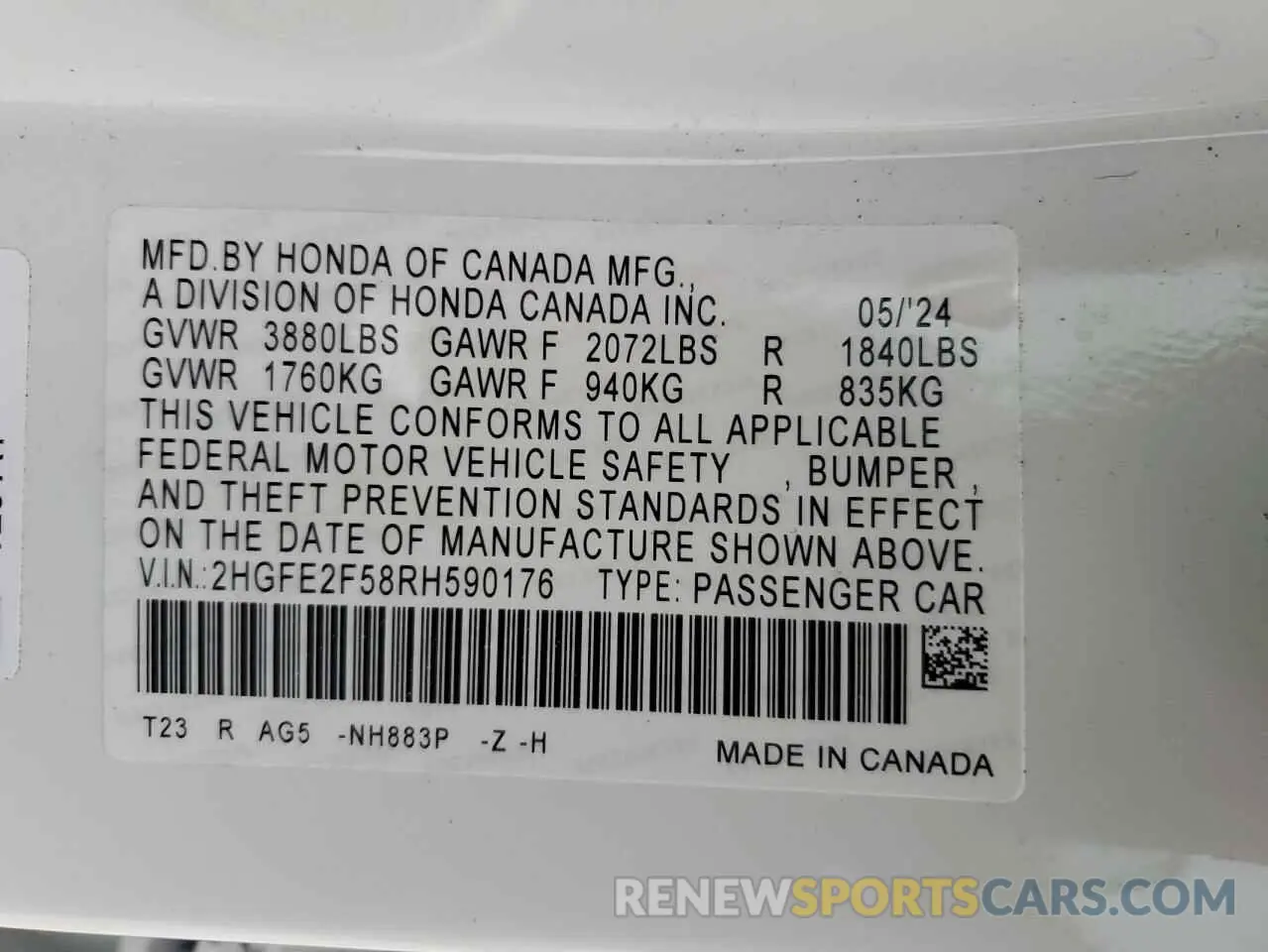 12 Photograph of a damaged car 2HGFE2F58RH590176 HONDA CIVIC 2024