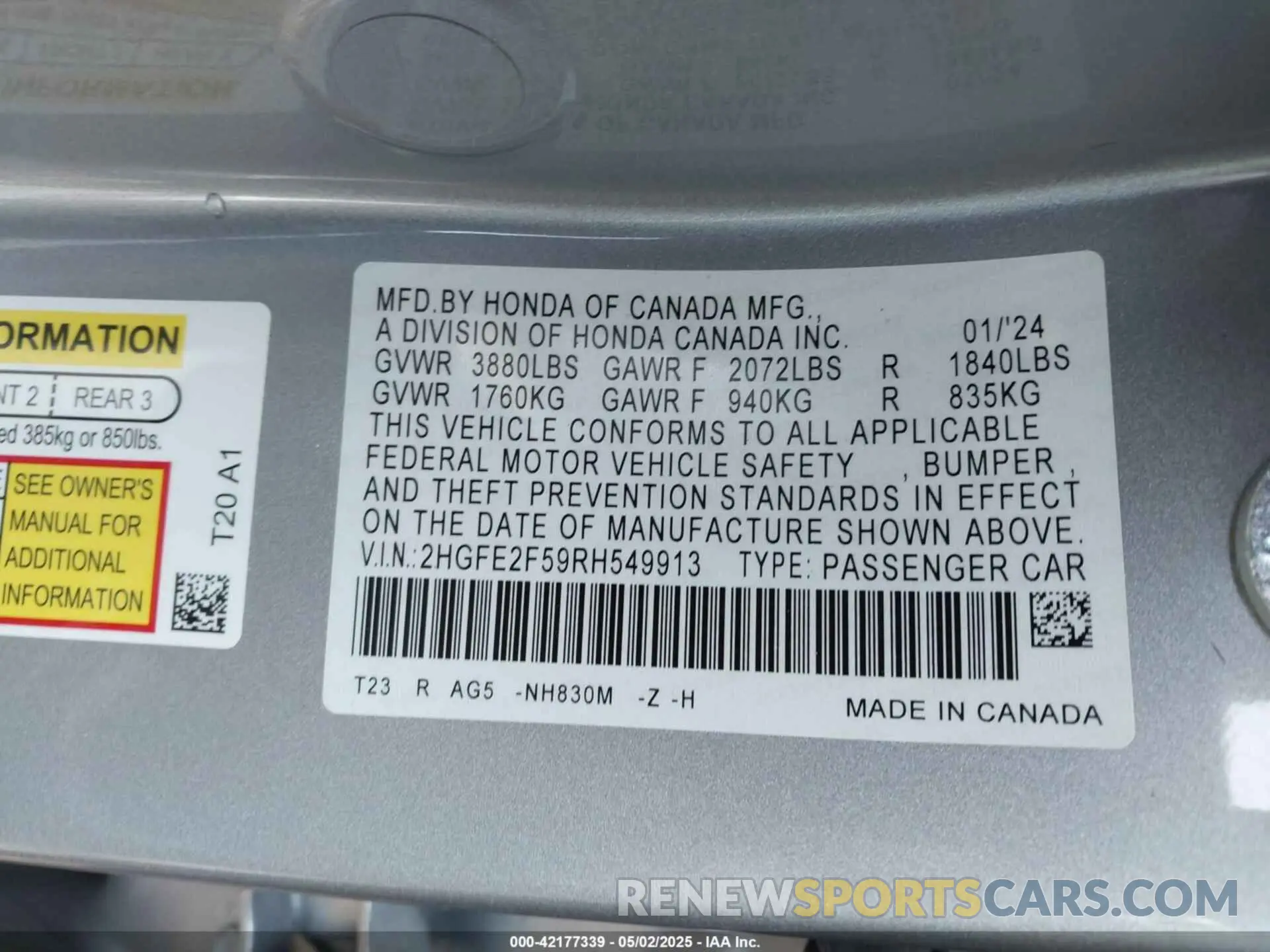 9 Photograph of a damaged car 2HGFE2F59RH549913 HONDA CIVIC 2024
