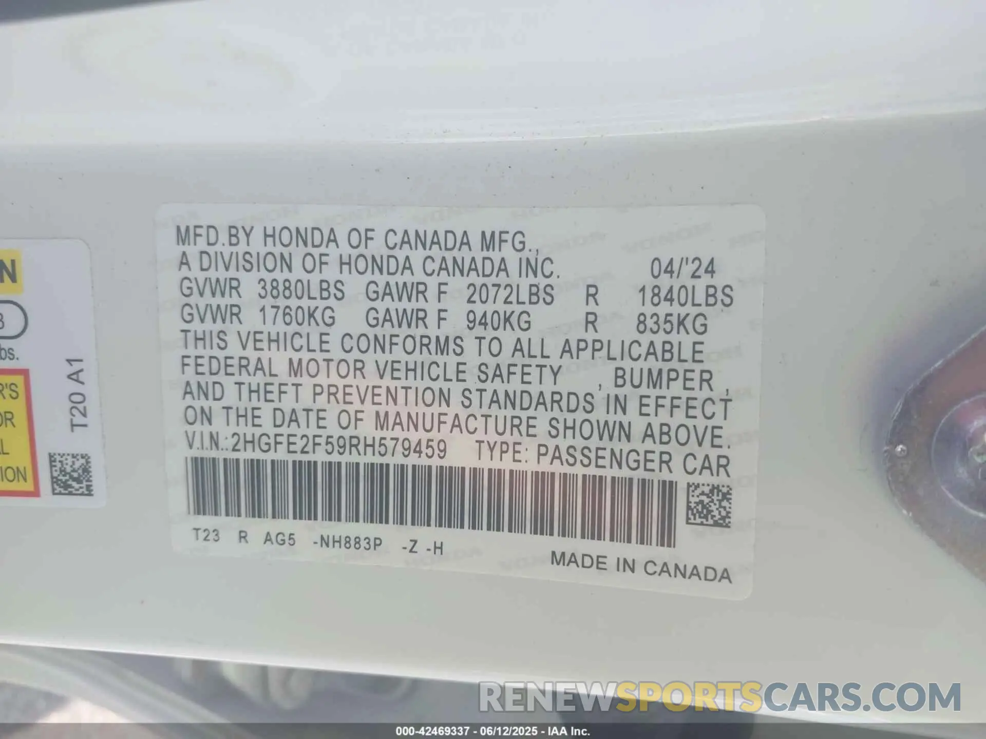 9 Photograph of a damaged car 2HGFE2F59RH579459 HONDA CIVIC 2024
