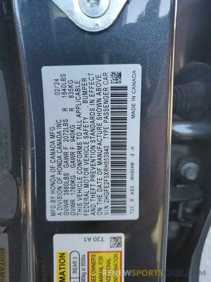12 Photograph of a damaged car 2HGFE2F5XRH553940 HONDA CIVIC 2024