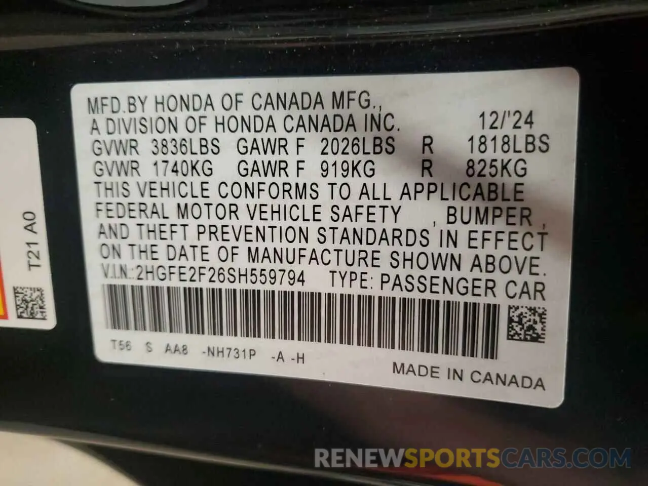 13 Photograph of a damaged car 2HGFE2F26SH559794 HONDA CIVIC 2025
