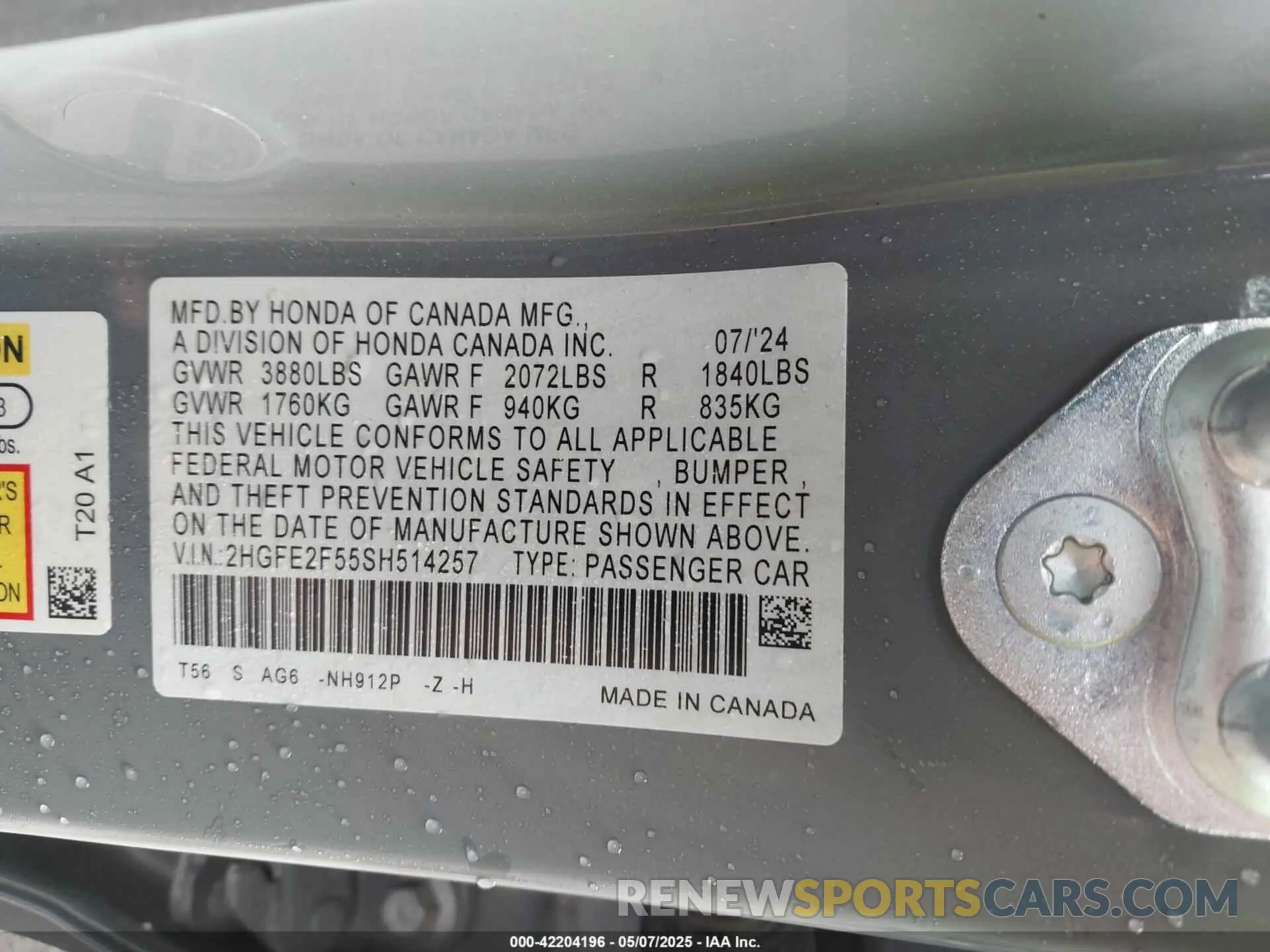 9 Photograph of a damaged car 2HGFE2F55SH514257 HONDA CIVIC 2025