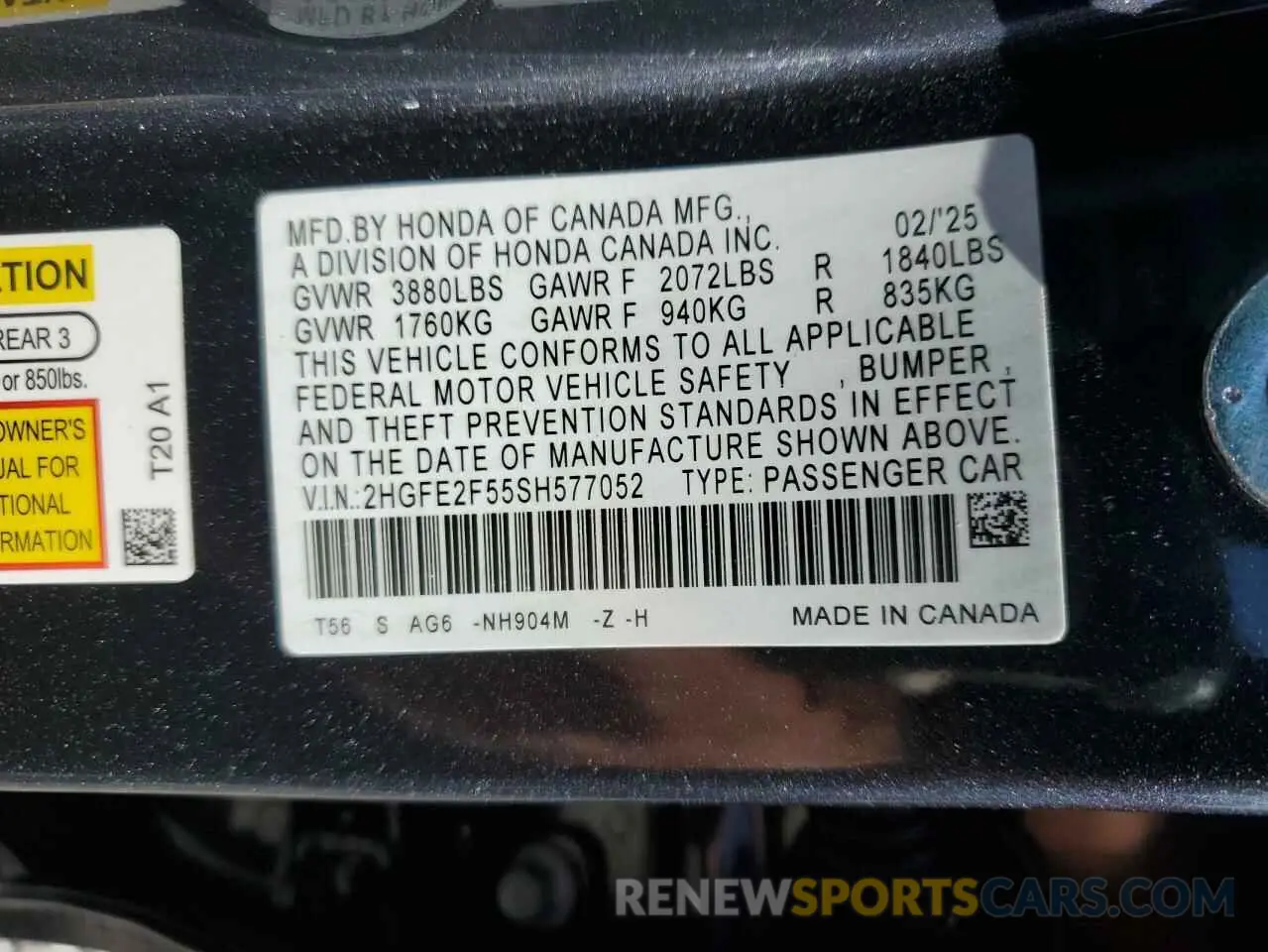 13 Photograph of a damaged car 2HGFE2F55SH577052 HONDA CIVIC 2025