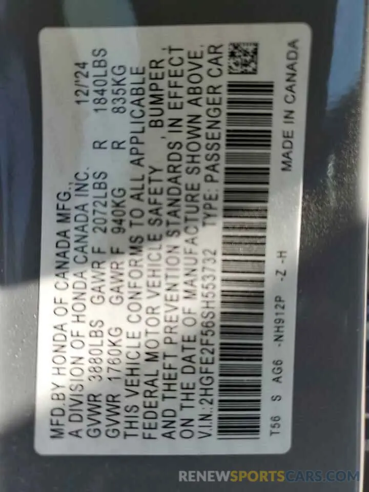 12 Photograph of a damaged car 2HGFE2F56SH553732 HONDA CIVIC 2025
