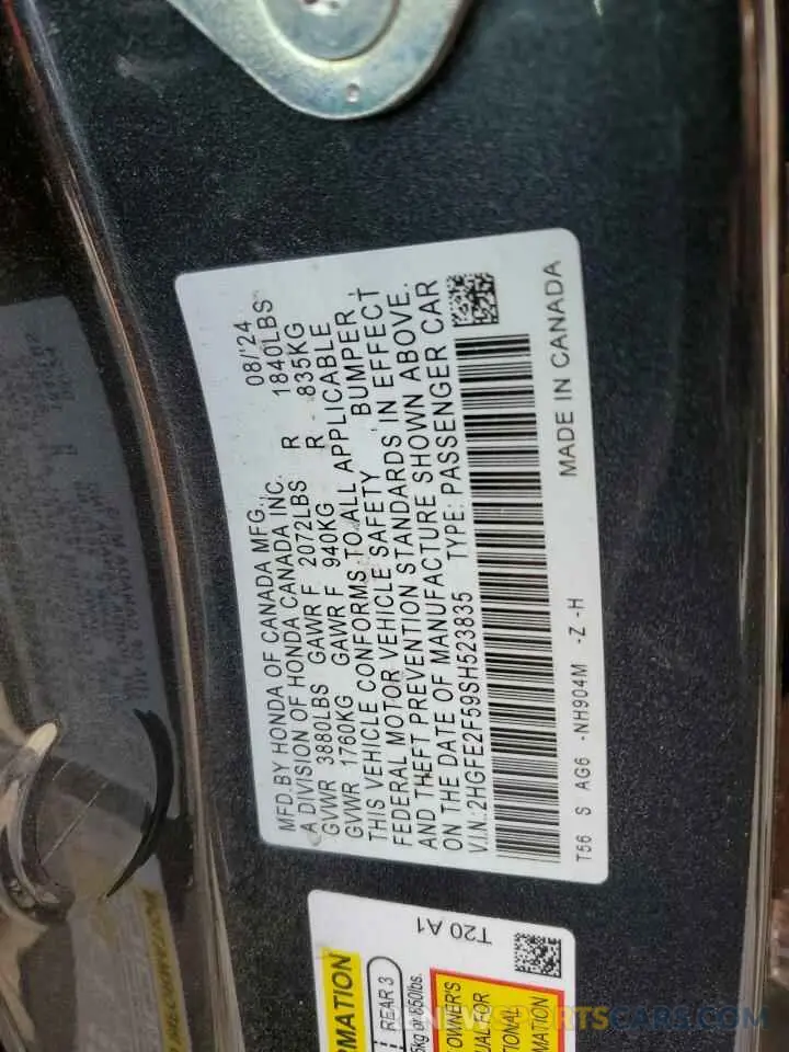 12 Photograph of a damaged car 2HGFE2F59SH523835 HONDA CIVIC 2025