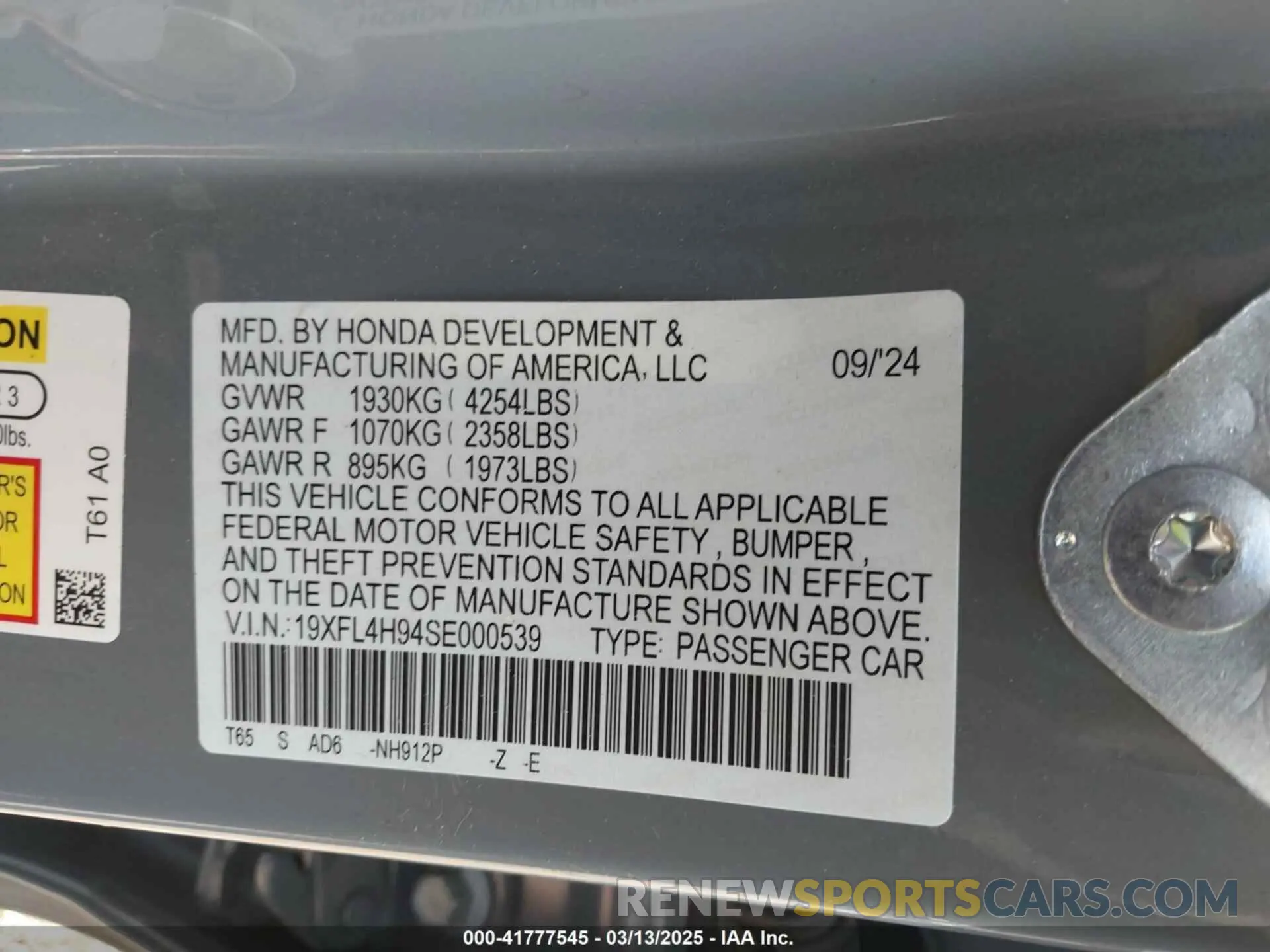 9 Photograph of a damaged car 19XFL4H94SE000539 HONDA CIVIC  HYBRID 2025