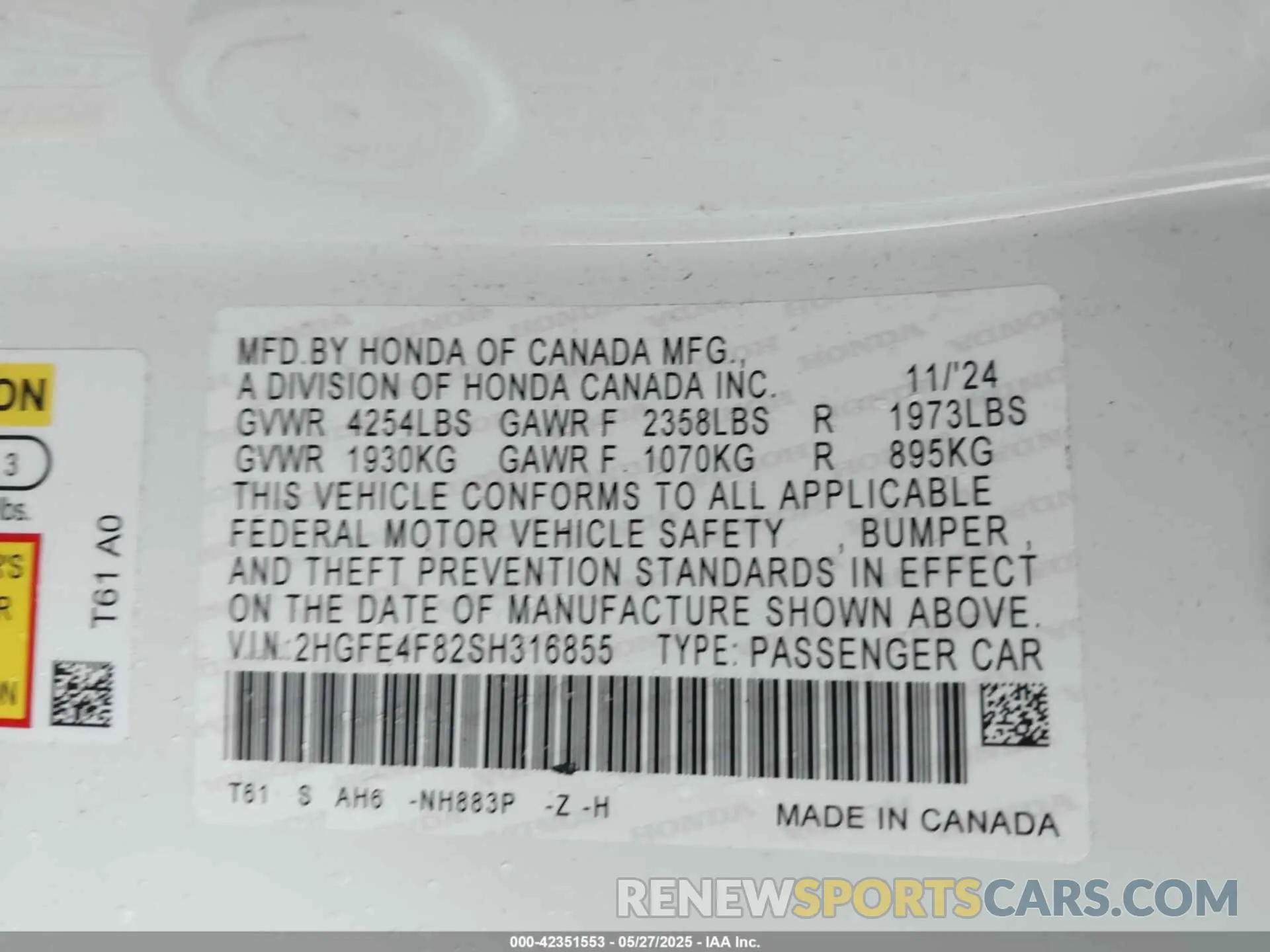 9 Photograph of a damaged car 2HGFE4F82SH316855 HONDA CIVIC HYBRID 2025
