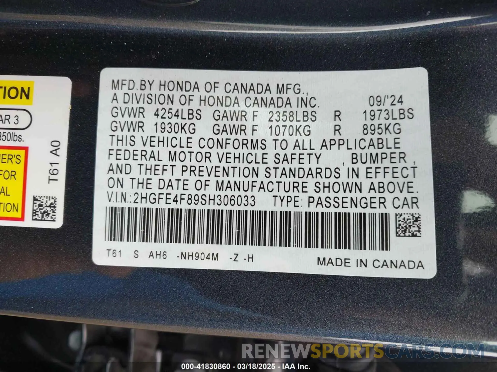 9 Photograph of a damaged car 2HGFE4F89SH306033 HONDA CIVIC  HYBRID 2025