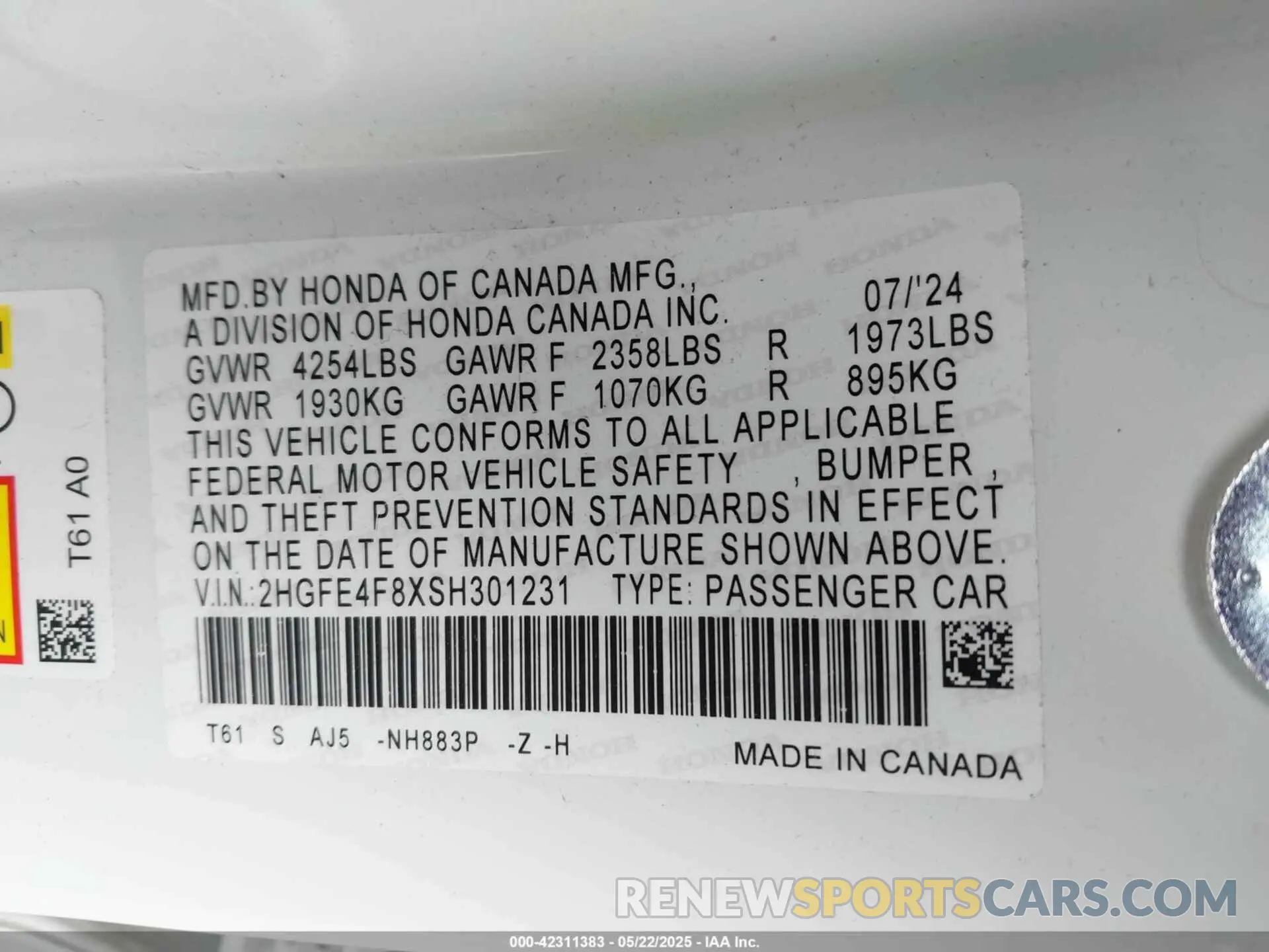 9 Photograph of a damaged car 2HGFE4F8XSH301231 HONDA CIVIC HYBRID 2025