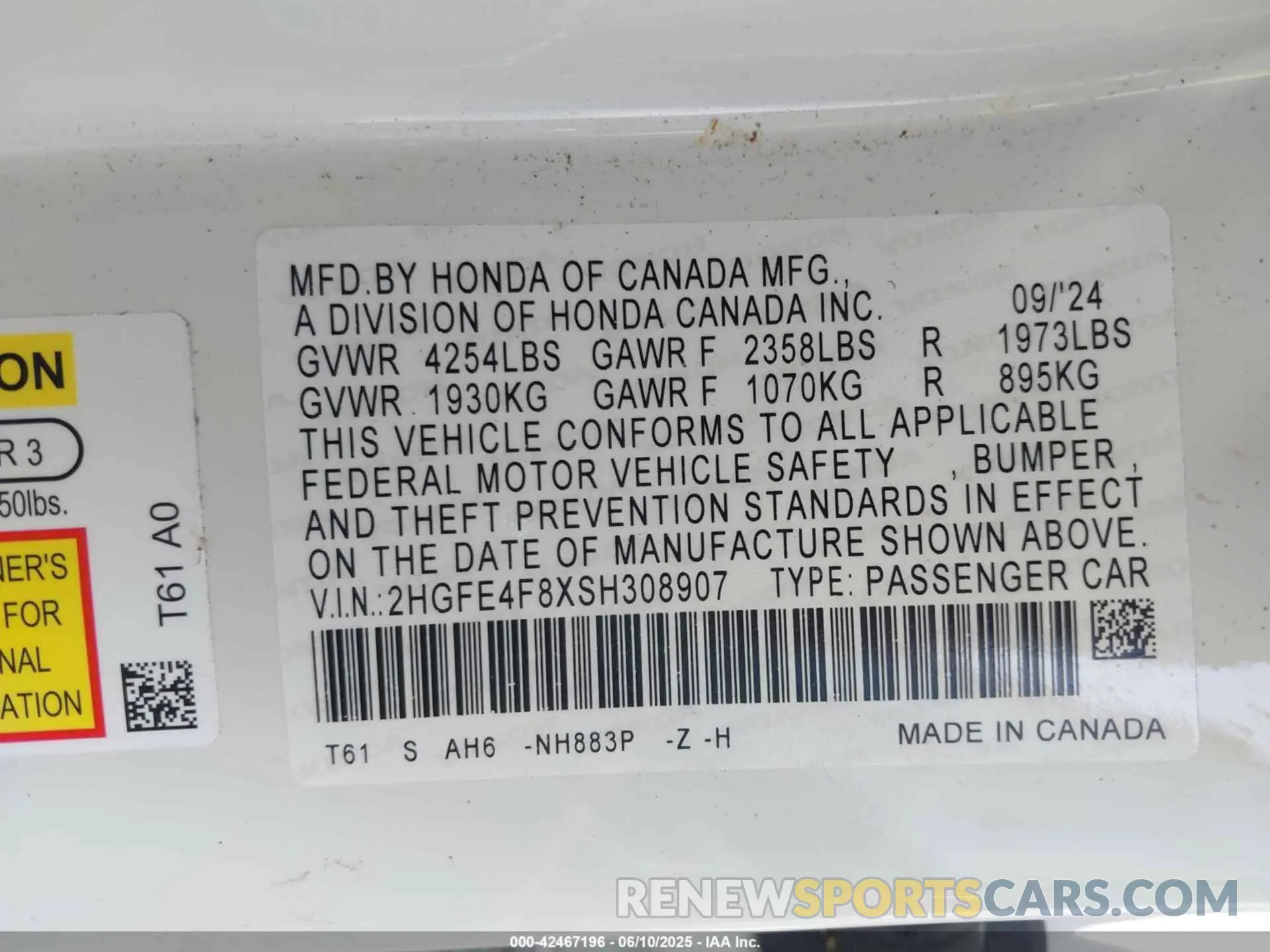 9 Photograph of a damaged car 2HGFE4F8XSH308907 HONDA CIVIC HYBRID 2025