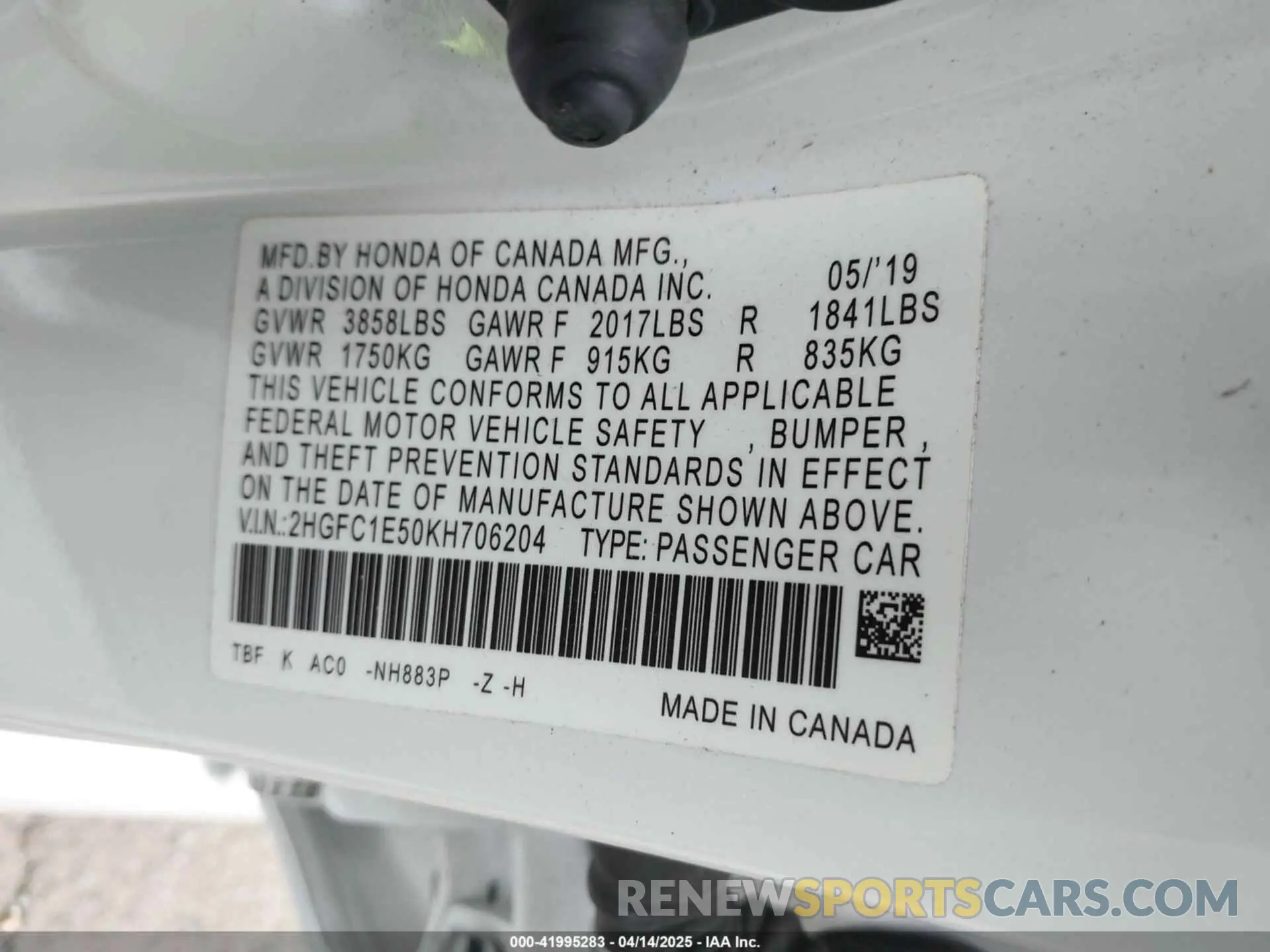 9 Photograph of a damaged car 2HGFC1E50KH706204 HONDA CIVIC SI 2019