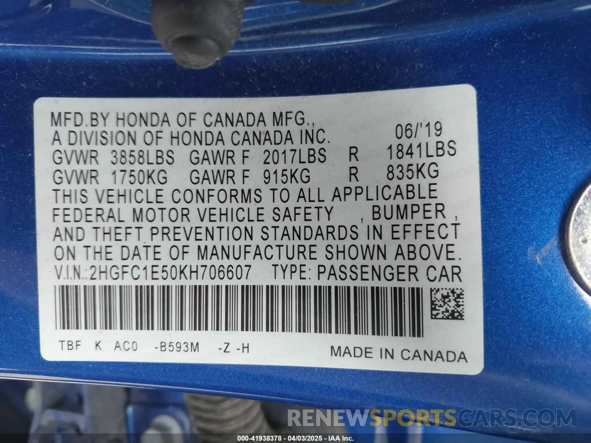 9 Photograph of a damaged car 2HGFC1E50KH706607 HONDA CIVIC SI 2019