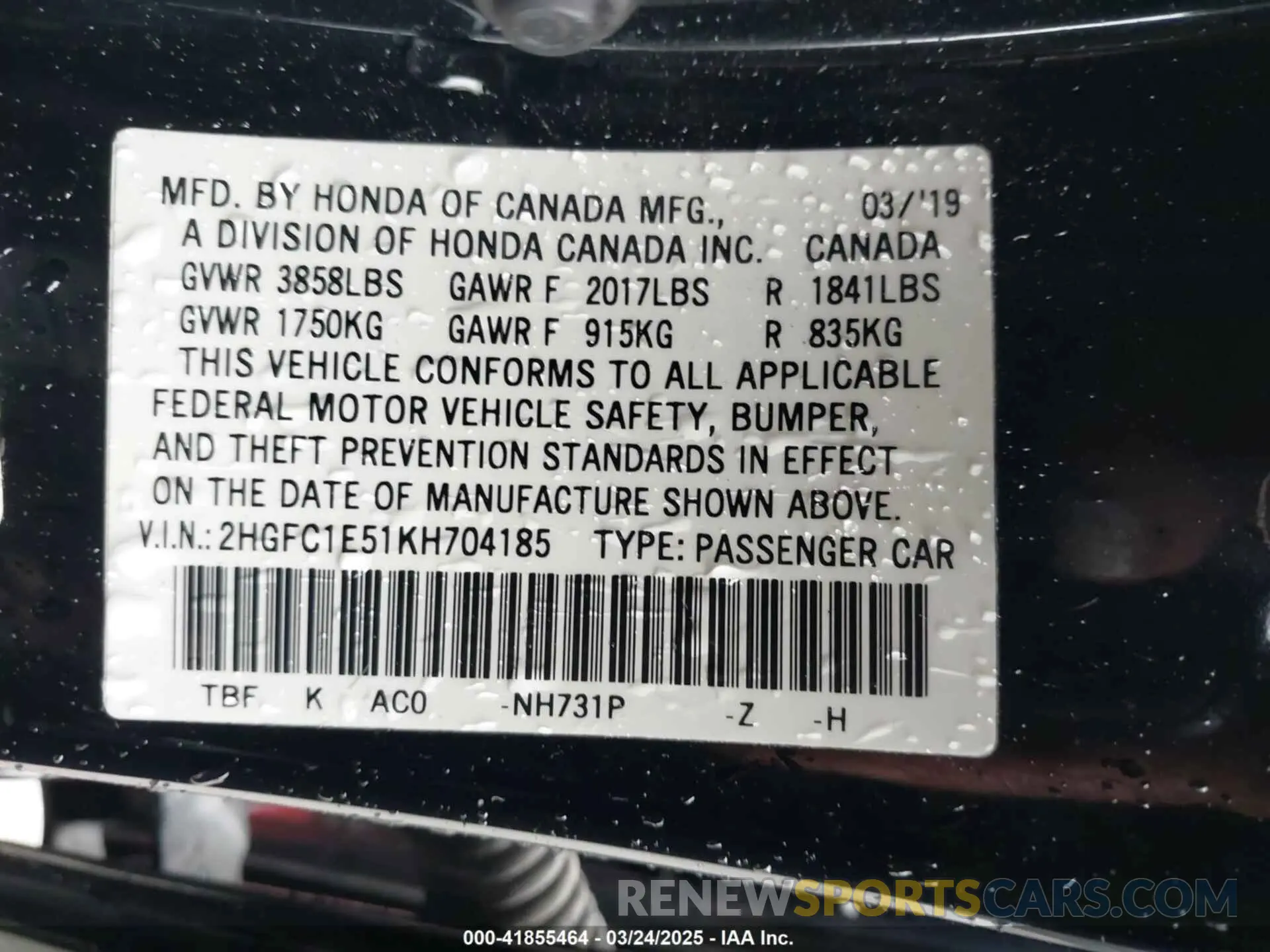 9 Photograph of a damaged car 2HGFC1E51KH704185 HONDA CIVIC SI 2019
