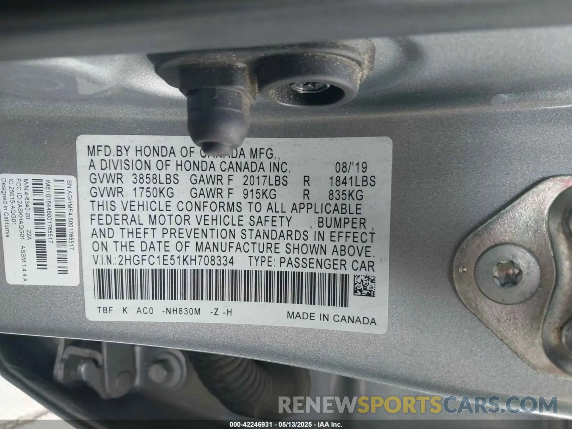 9 Photograph of a damaged car 2HGFC1E51KH708334 HONDA CIVIC SI 2019