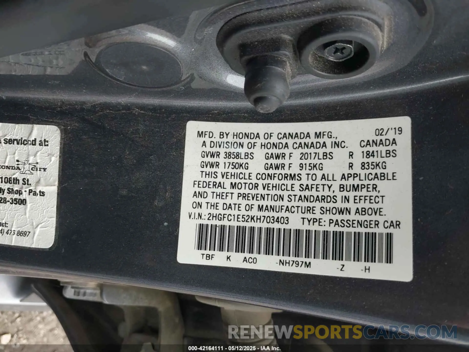 9 Photograph of a damaged car 2HGFC1E52KH703403 HONDA CIVIC SI 2019