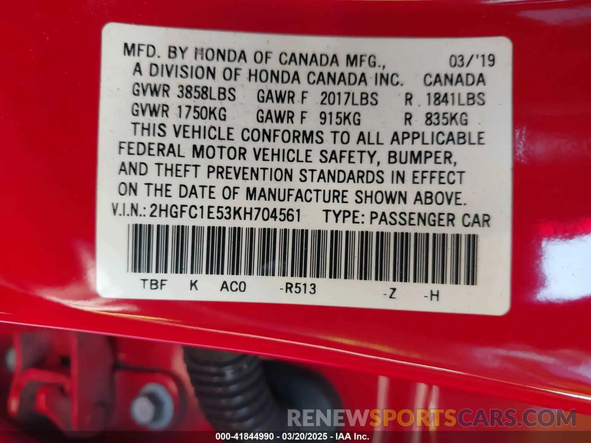 9 Photograph of a damaged car 2HGFC1E53KH704561 HONDA CIVIC SI 2019