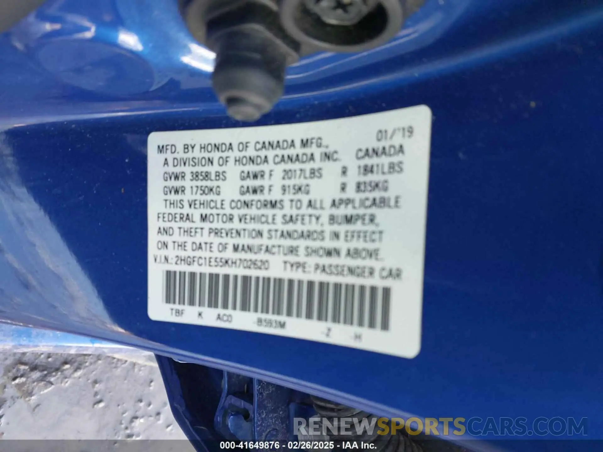 9 Photograph of a damaged car 2HGFC1E55KH702620 HONDA CIVIC SI 2019