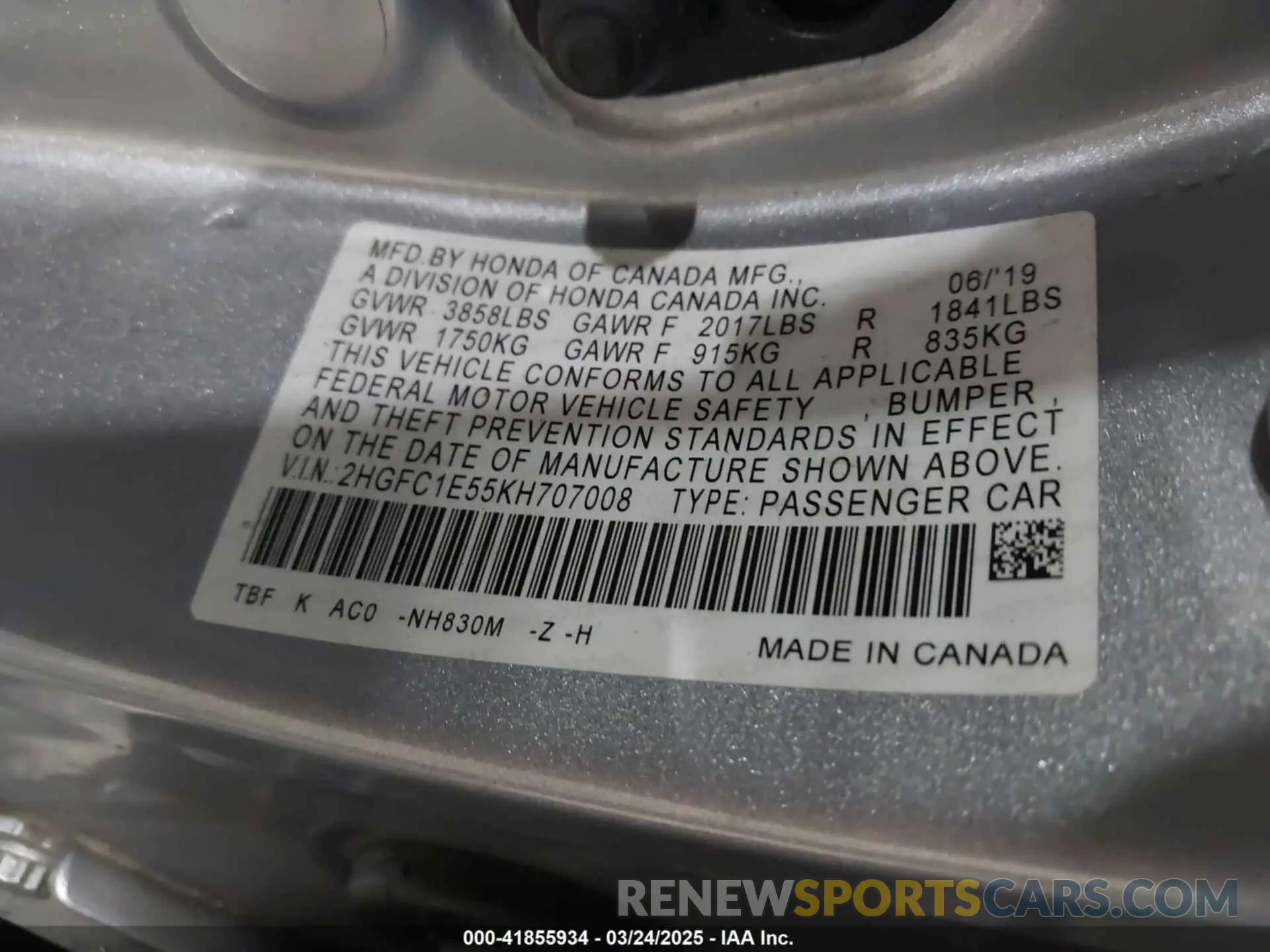 9 Photograph of a damaged car 2HGFC1E55KH707008 HONDA CIVIC SI 2019