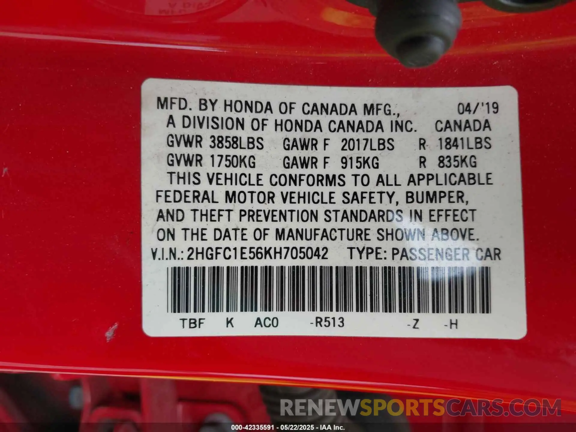 9 Photograph of a damaged car 2HGFC1E56KH705042 HONDA CIVIC SI 2019