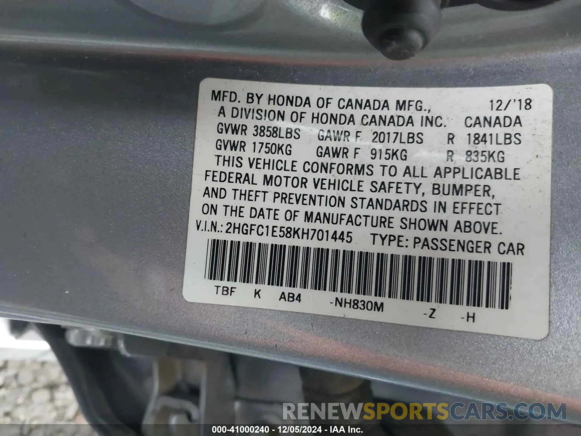 9 Photograph of a damaged car 2HGFC1E58KH701445 HONDA CIVIC SI 2019