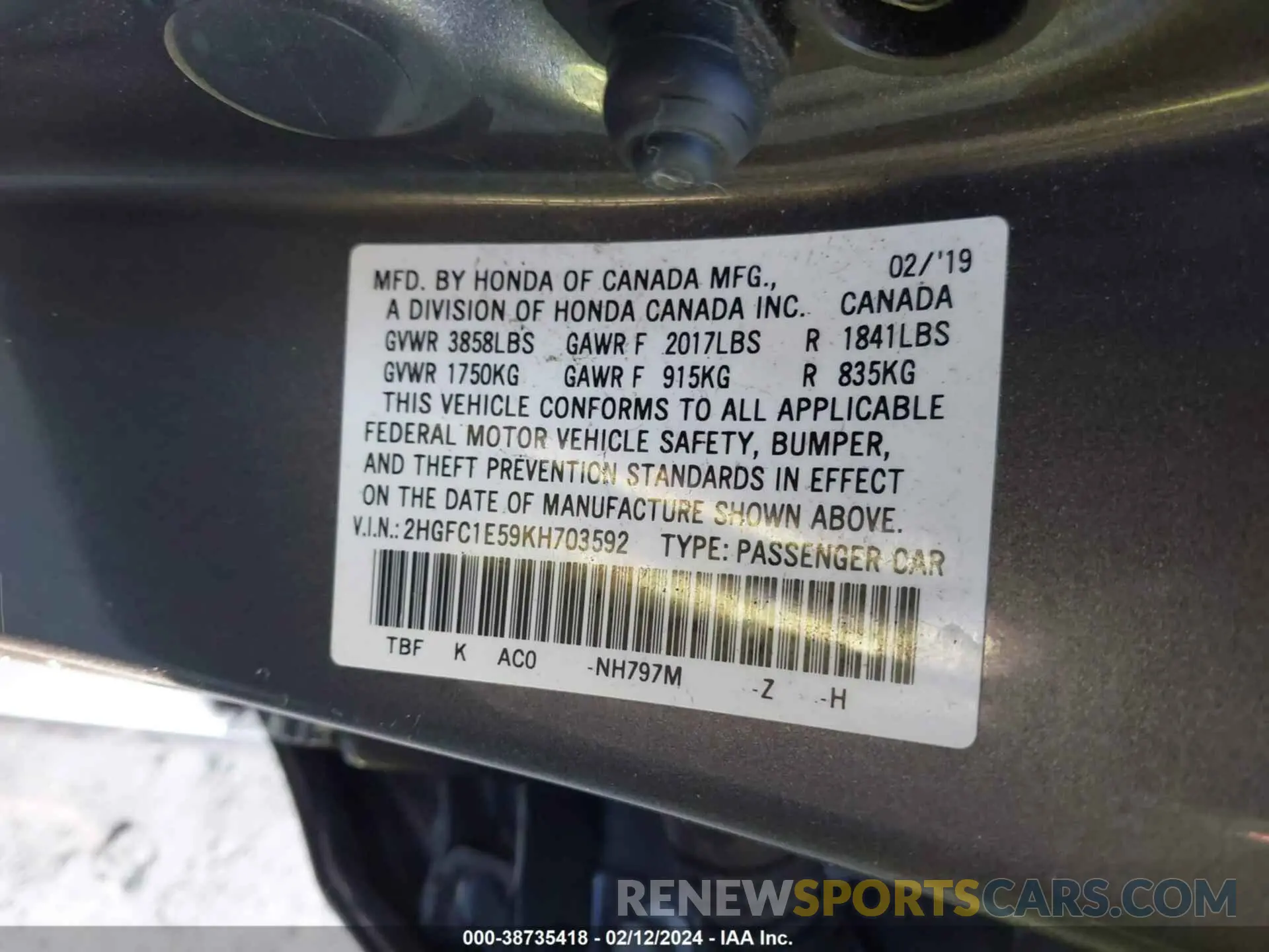 9 Photograph of a damaged car 2HGFC1E59KH703592 HONDA CIVIC SI 2019