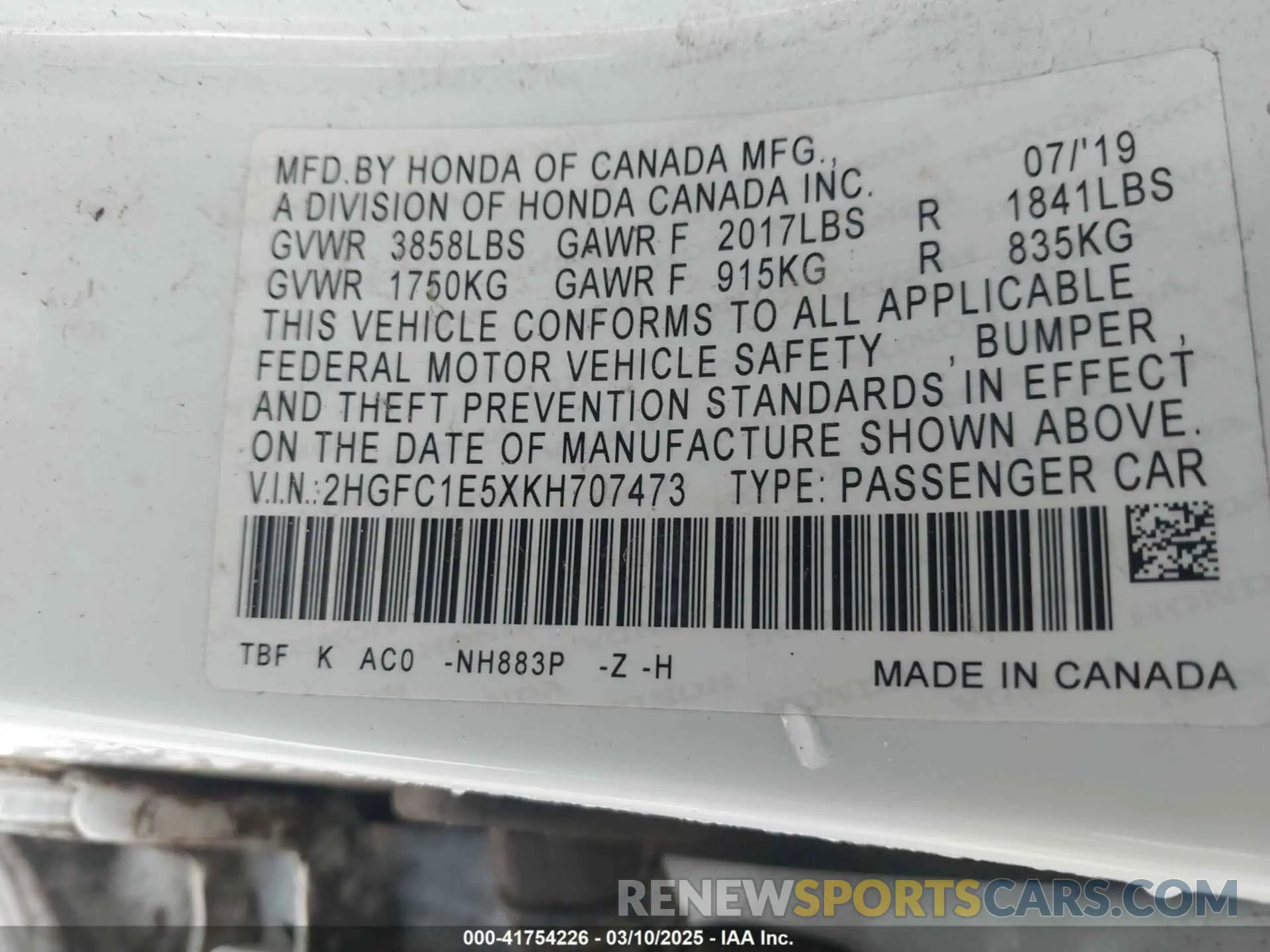 9 Photograph of a damaged car 2HGFC1E5XKH707473 HONDA CIVIC SI 2019