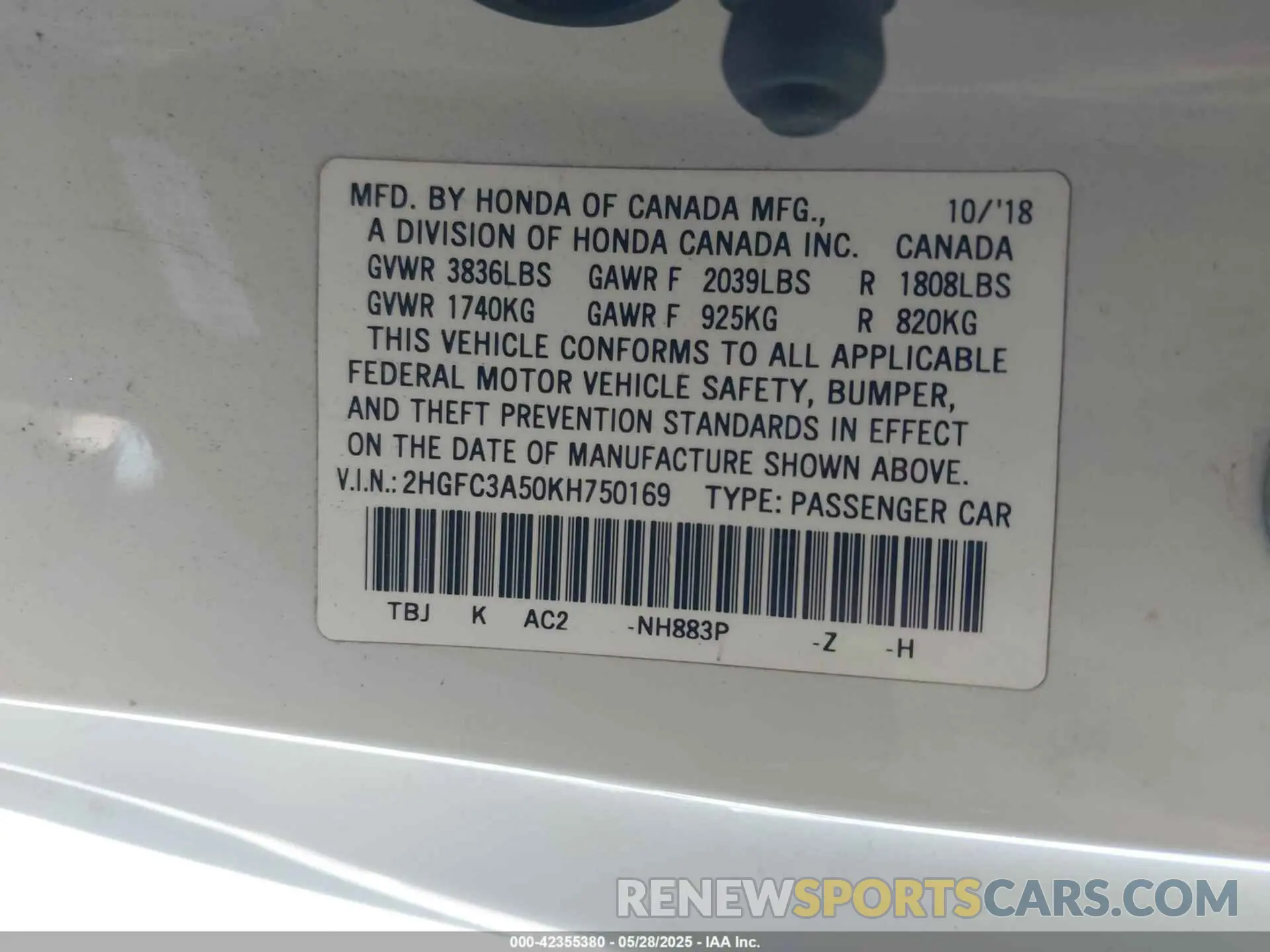 9 Photograph of a damaged car 2HGFC3A50KH750169 HONDA CIVIC SI 2019