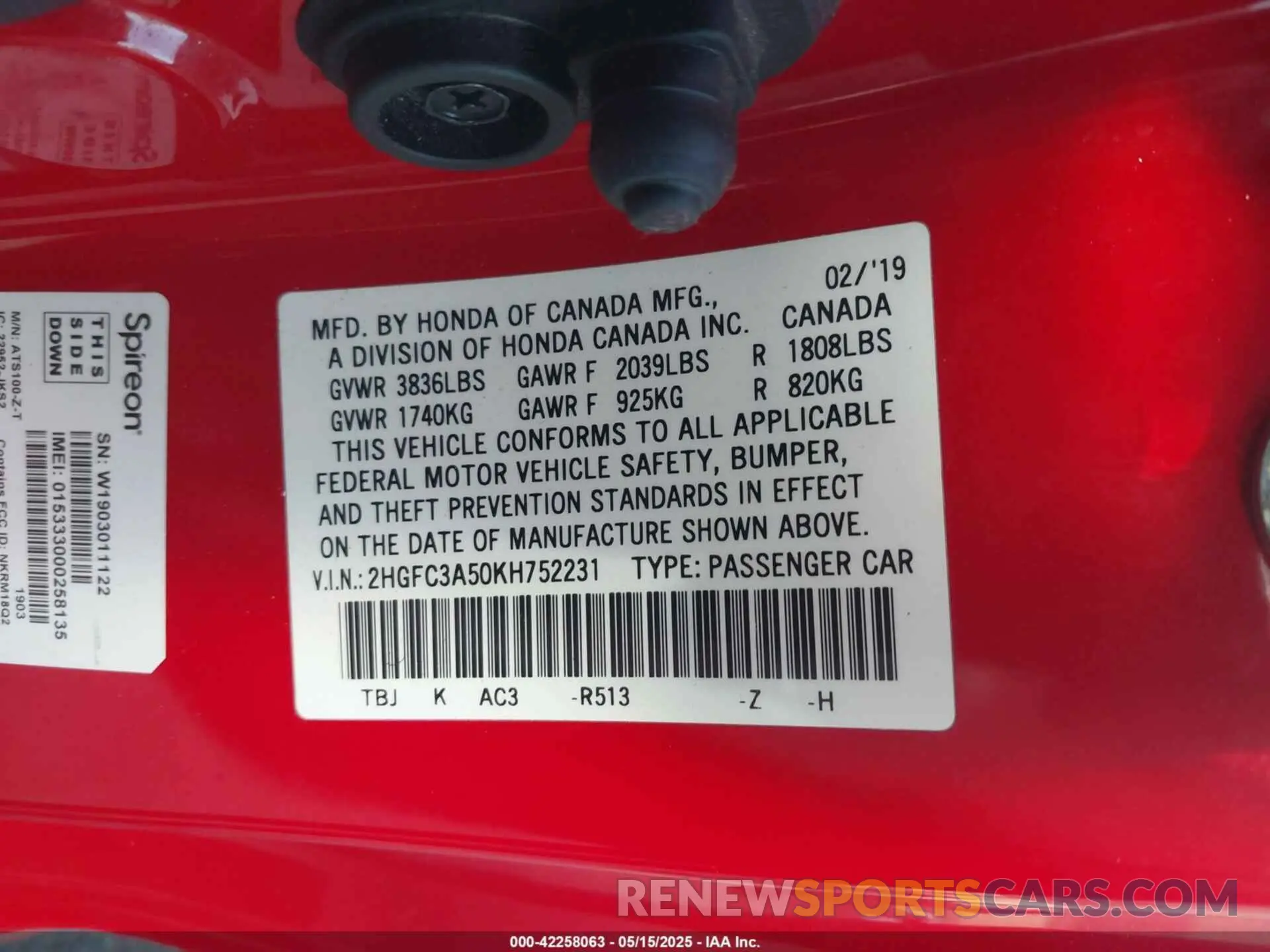 9 Photograph of a damaged car 2HGFC3A50KH752231 HONDA CIVIC SI 2019