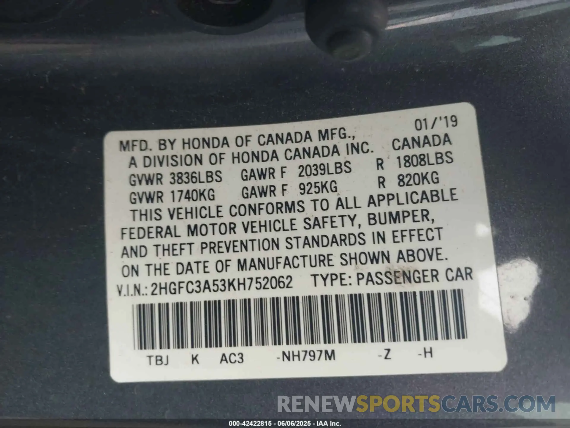 9 Photograph of a damaged car 2HGFC3A53KH752062 HONDA CIVIC SI 2019
