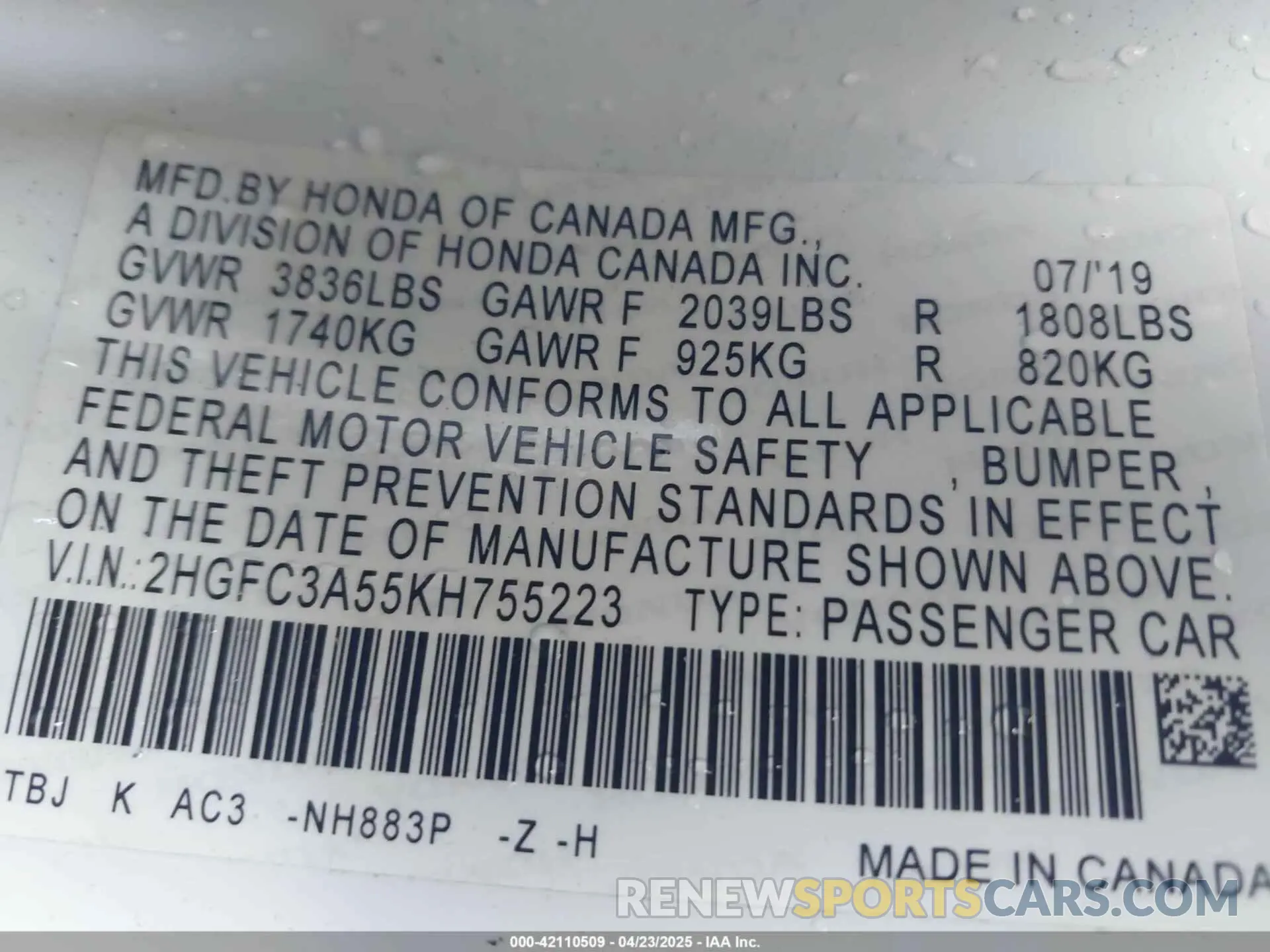 9 Photograph of a damaged car 2HGFC3A55KH755223 HONDA CIVIC SI 2019