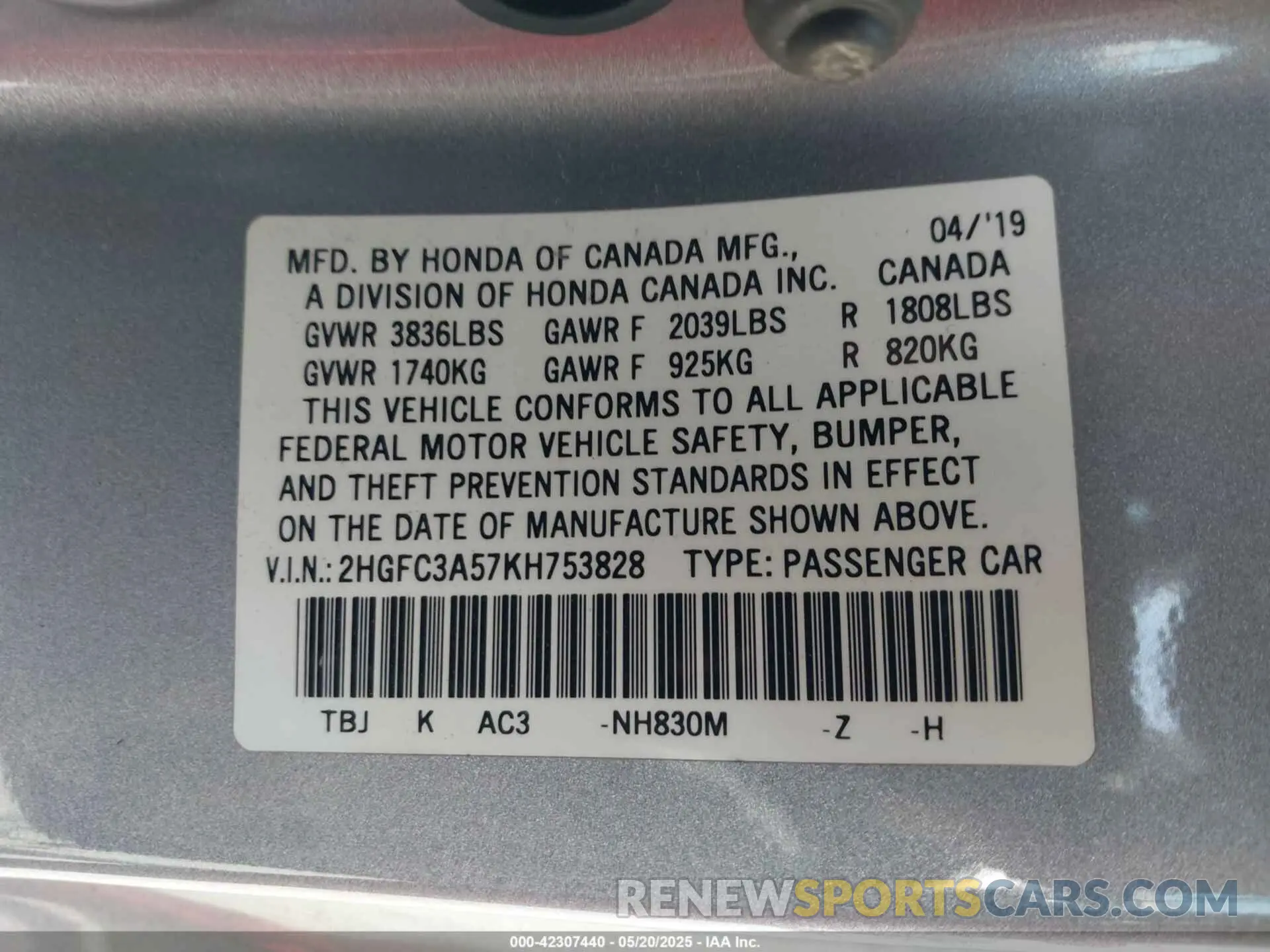 9 Photograph of a damaged car 2HGFC3A57KH753828 HONDA CIVIC SI 2019