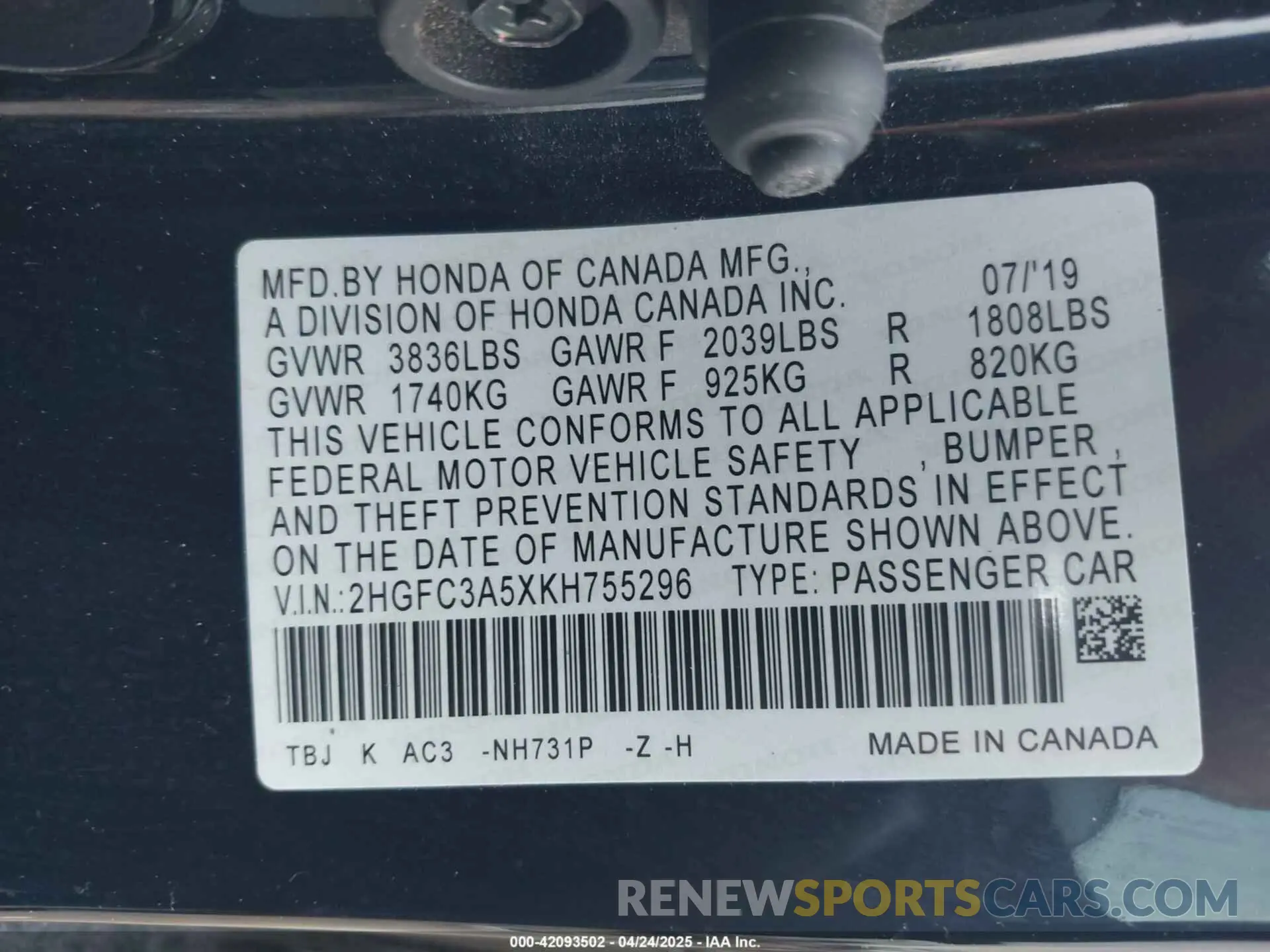 9 Photograph of a damaged car 2HGFC3A5XKH755296 HONDA CIVIC SI 2019