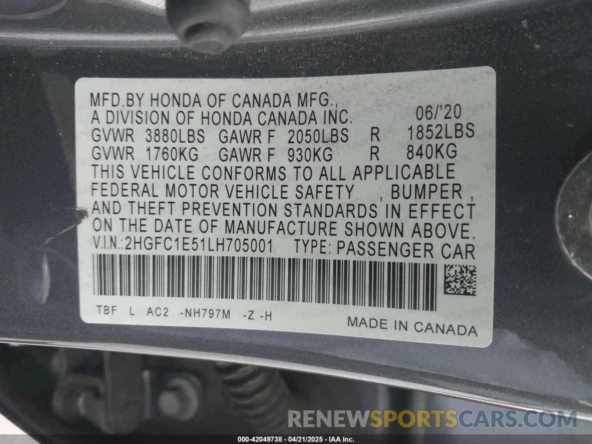 9 Photograph of a damaged car 2HGFC1E51LH705001 HONDA CIVIC SI 2020
