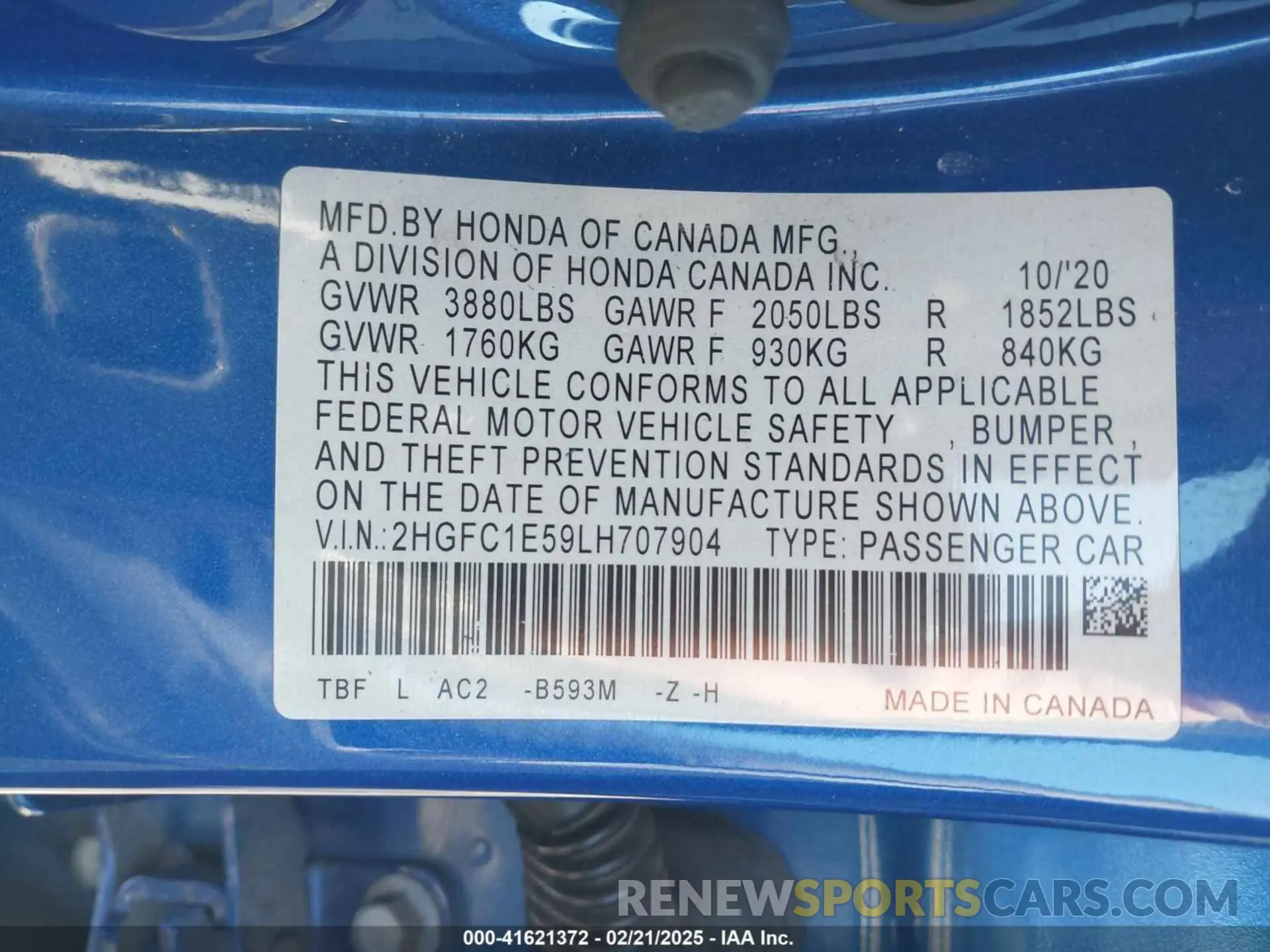 9 Photograph of a damaged car 2HGFC1E59LH707904 HONDA CIVIC SI 2020