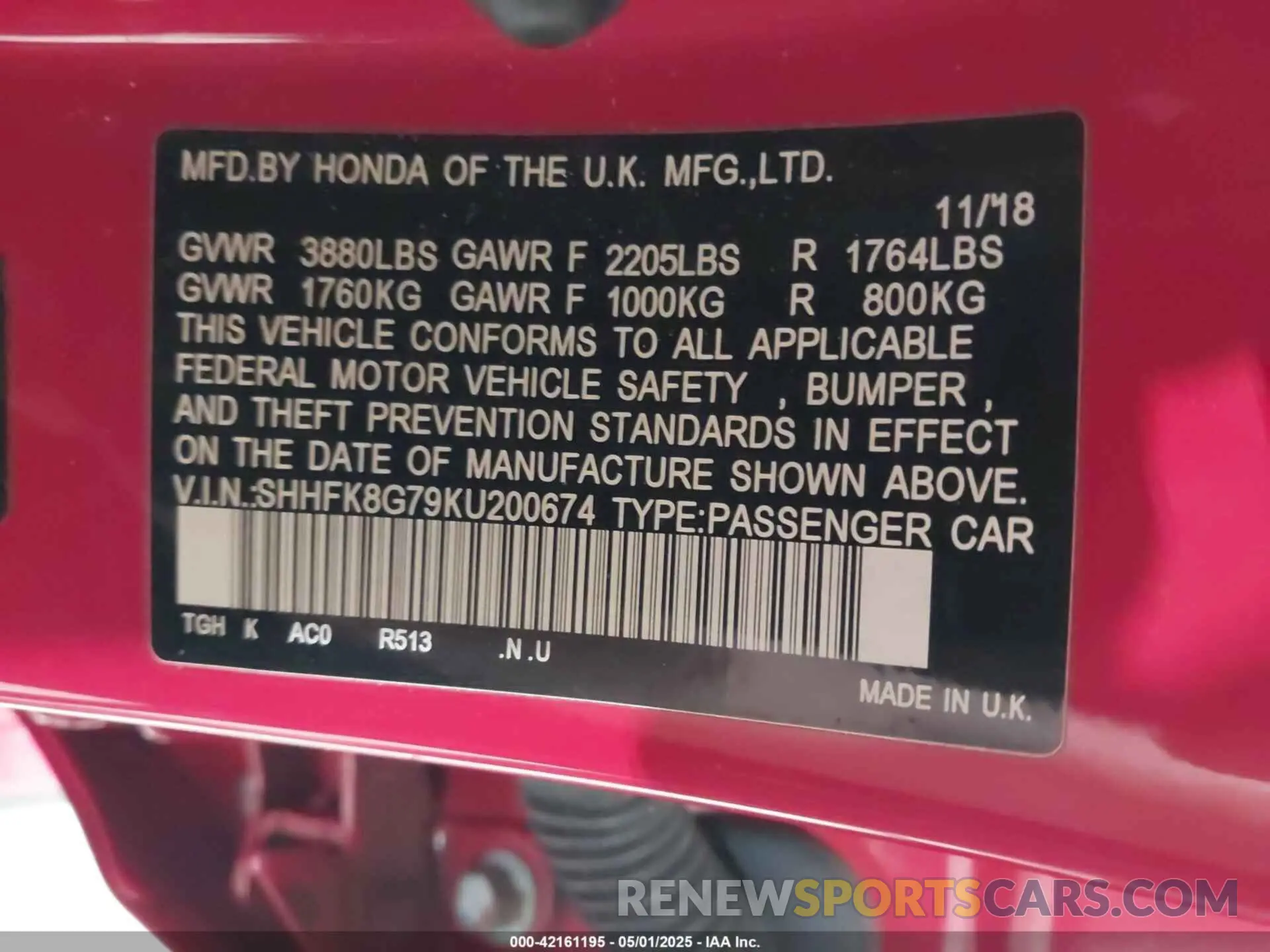 9 Photograph of a damaged car SHHFK8G79KU200674 HONDA CIVIC TYPE R 2019