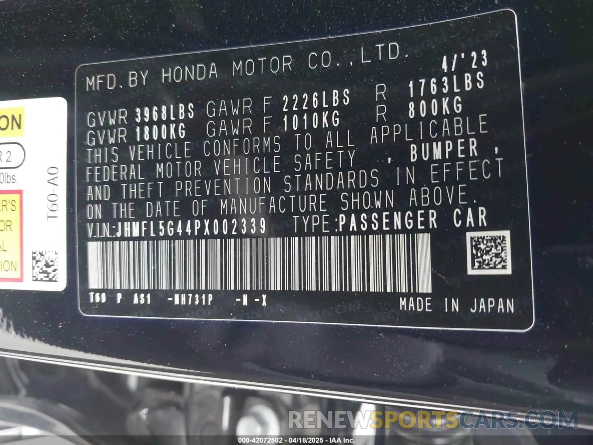 9 Photograph of a damaged car JHMFL5G44PX002339 HONDA CIVIC TYPE R 2023