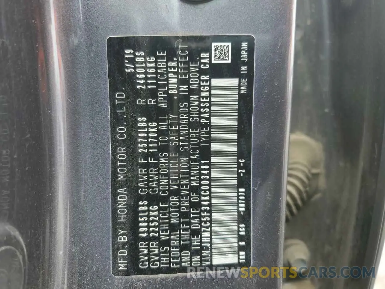 12 Photograph of a damaged car JHMZC5F34KC003481 HONDA CLARITY 2019