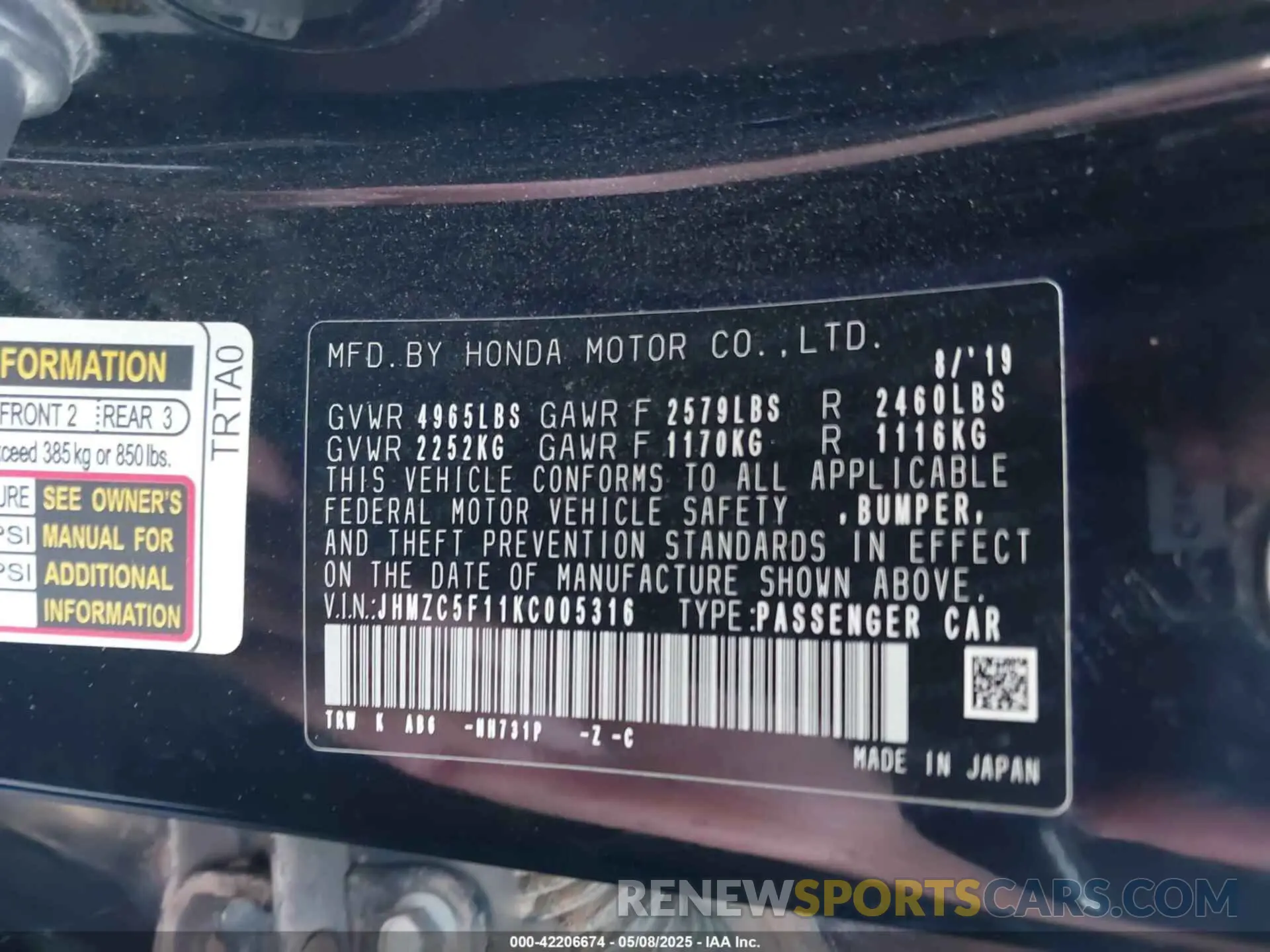 9 Photograph of a damaged car JHMZC5F11KC005316 HONDA CLARITY PLUG-IN HYBRID 2019