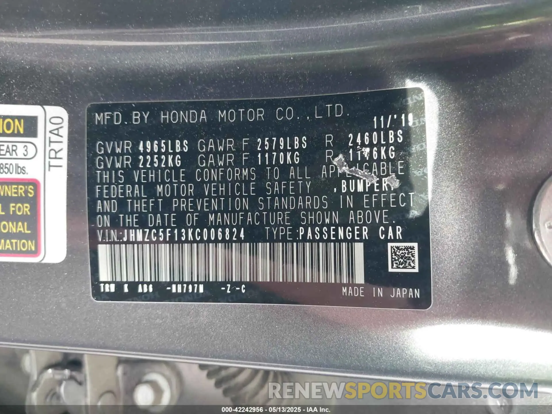 9 Photograph of a damaged car JHMZC5F13KC006824 HONDA CLARITY PLUG-IN HYBRID 2019