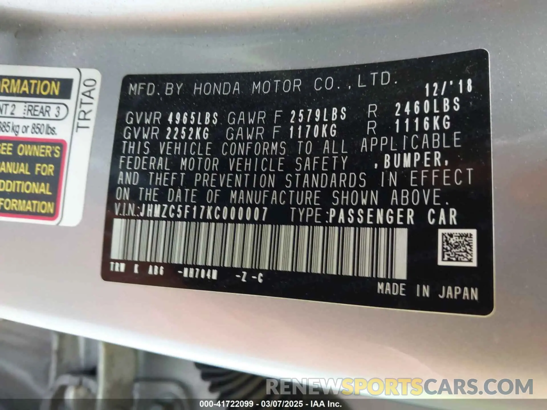 9 Photograph of a damaged car JHMZC5F17KC000007 HONDA CLARITY PLUG-IN HYBRID 2019