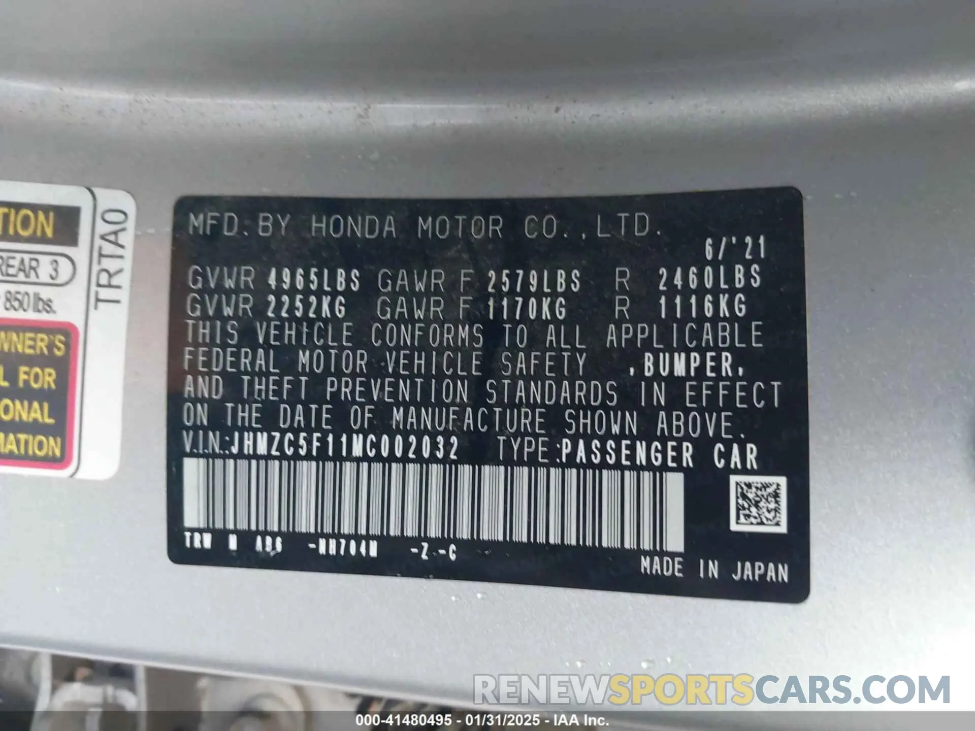9 Photograph of a damaged car JHMZC5F11MC002032 HONDA CLARITY PLUG-IN HYBRID 2021