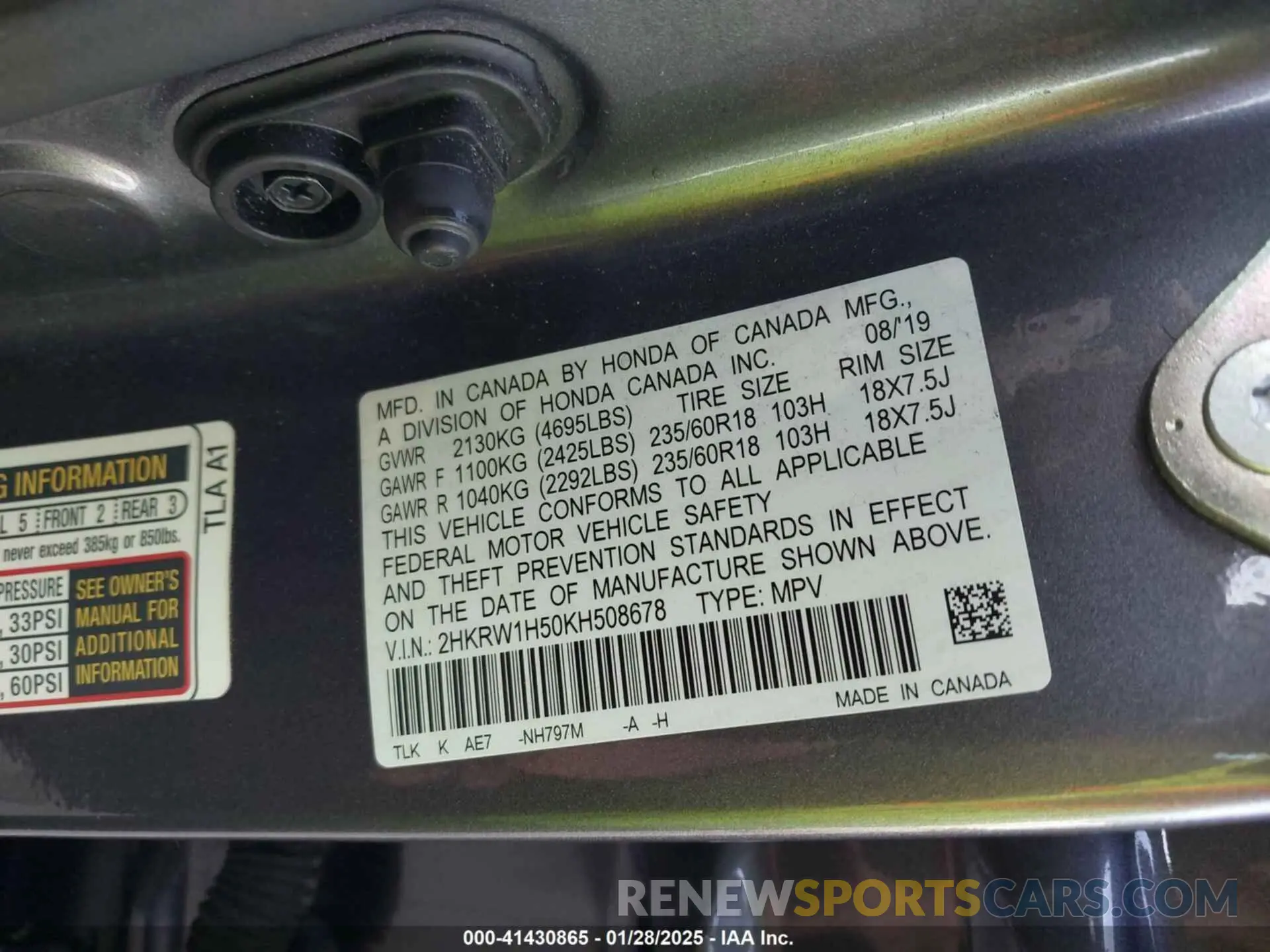 9 Photograph of a damaged car 2HKRW1H50KH508678 HONDA CR-V 2019